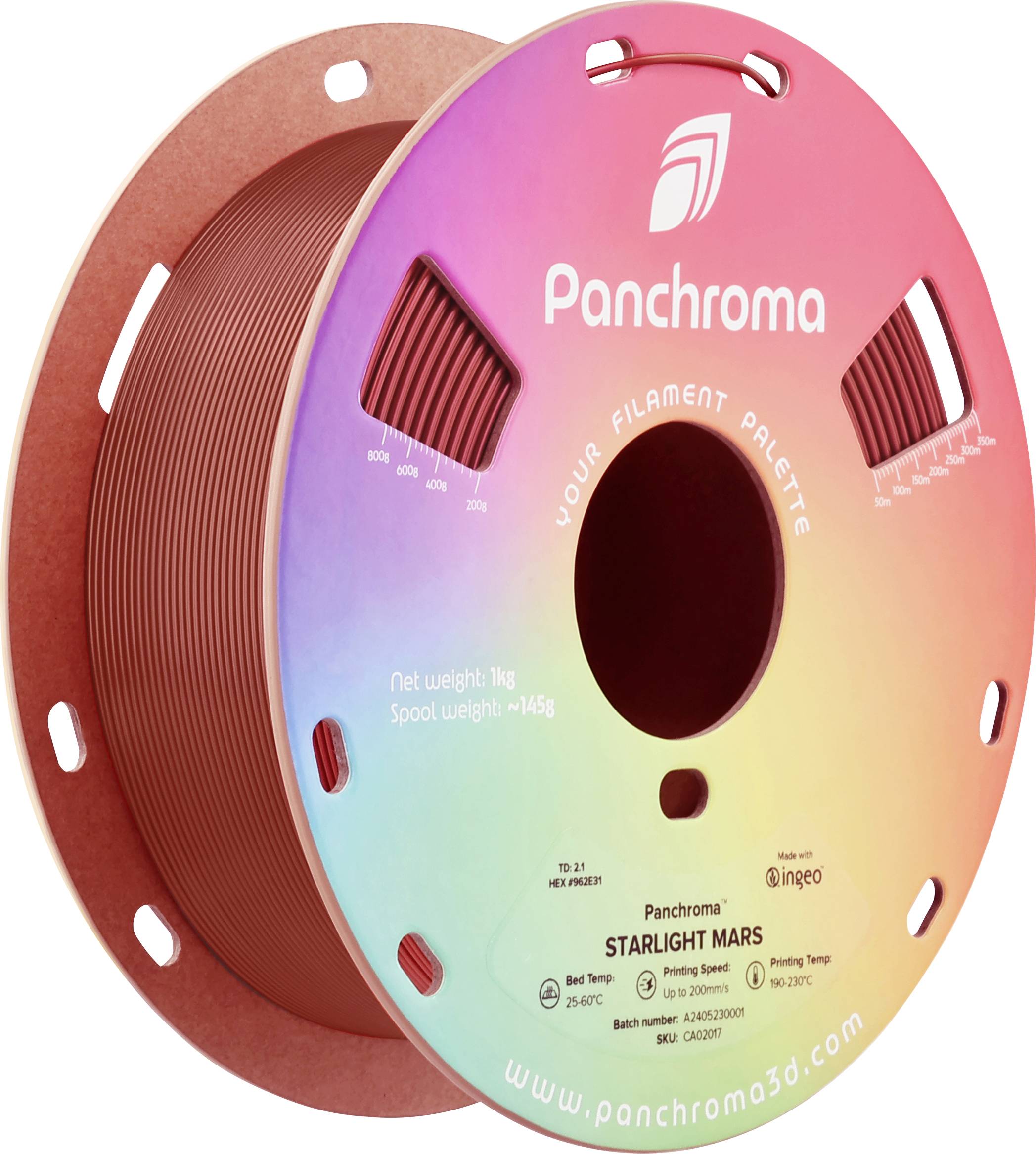 3D-Drucker-Filamentrolle 'Panchroma Starlight Mars', Gewicht 1 kg. Regenbogenetikett mit Logo und Filamentinformationen.