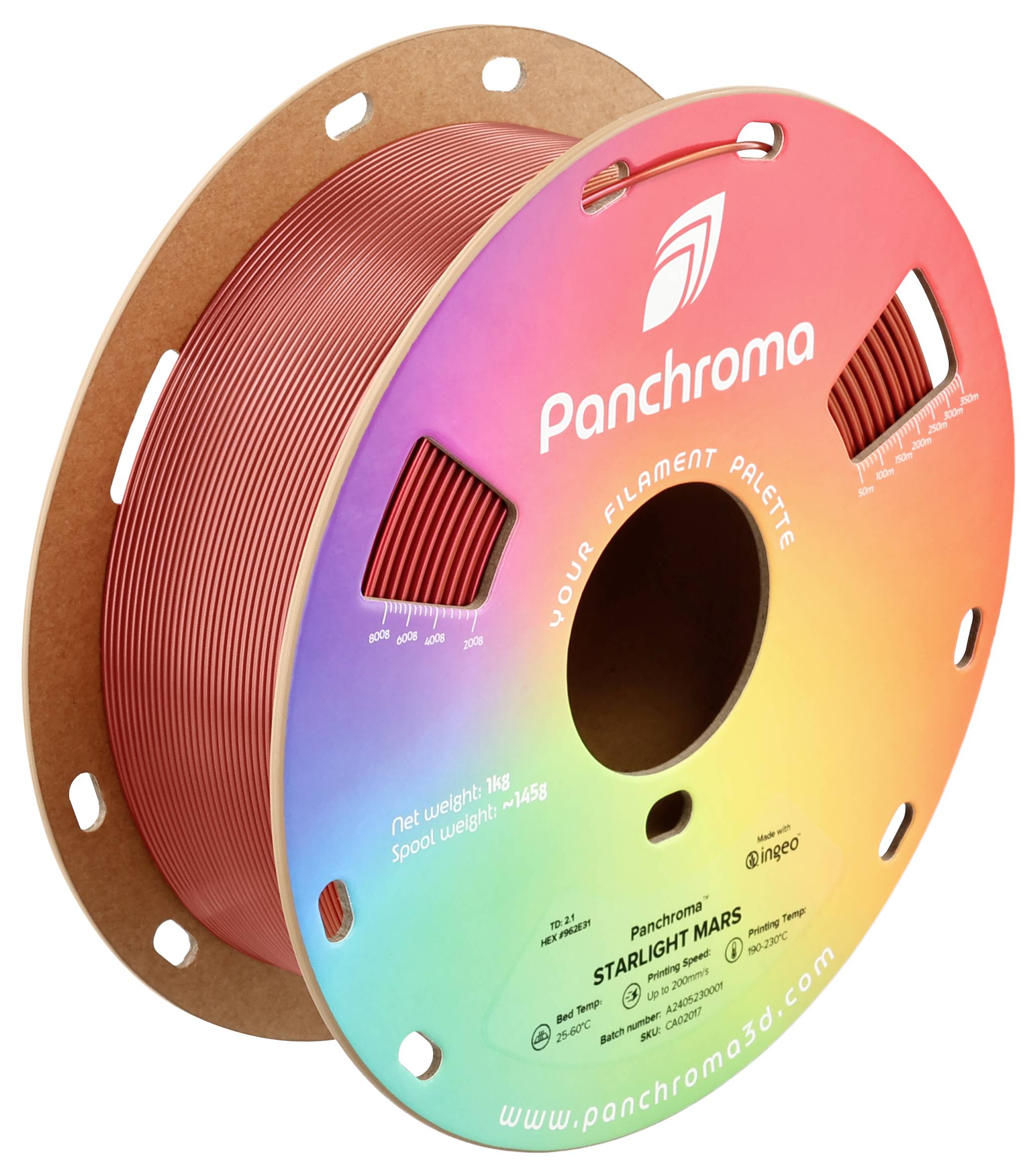 'Panchroma' 3D-Drucker-Filament-Spule, rot, mit Regenbogeneffekt. Aufdruck: 'Starlight Mars'. Gewicht: 1kg. Webseite: panchroma3d.com.