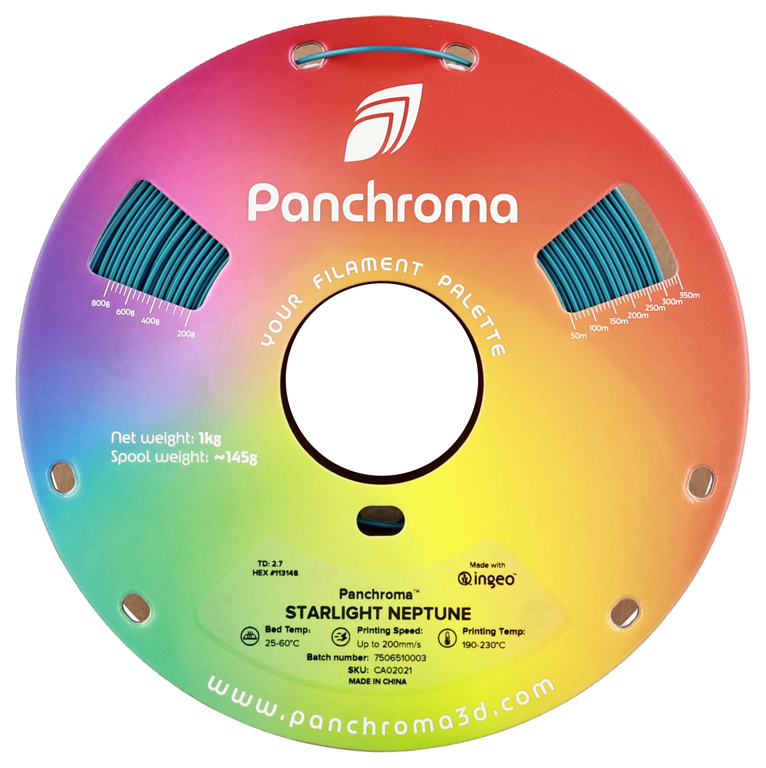 Eine runde Kunststoffspule mit Farbverlauf von Rot zu Blau, gezeichnete Spulen an den Seiten. Markierung: 'Panchroma Starlight Neptune'.