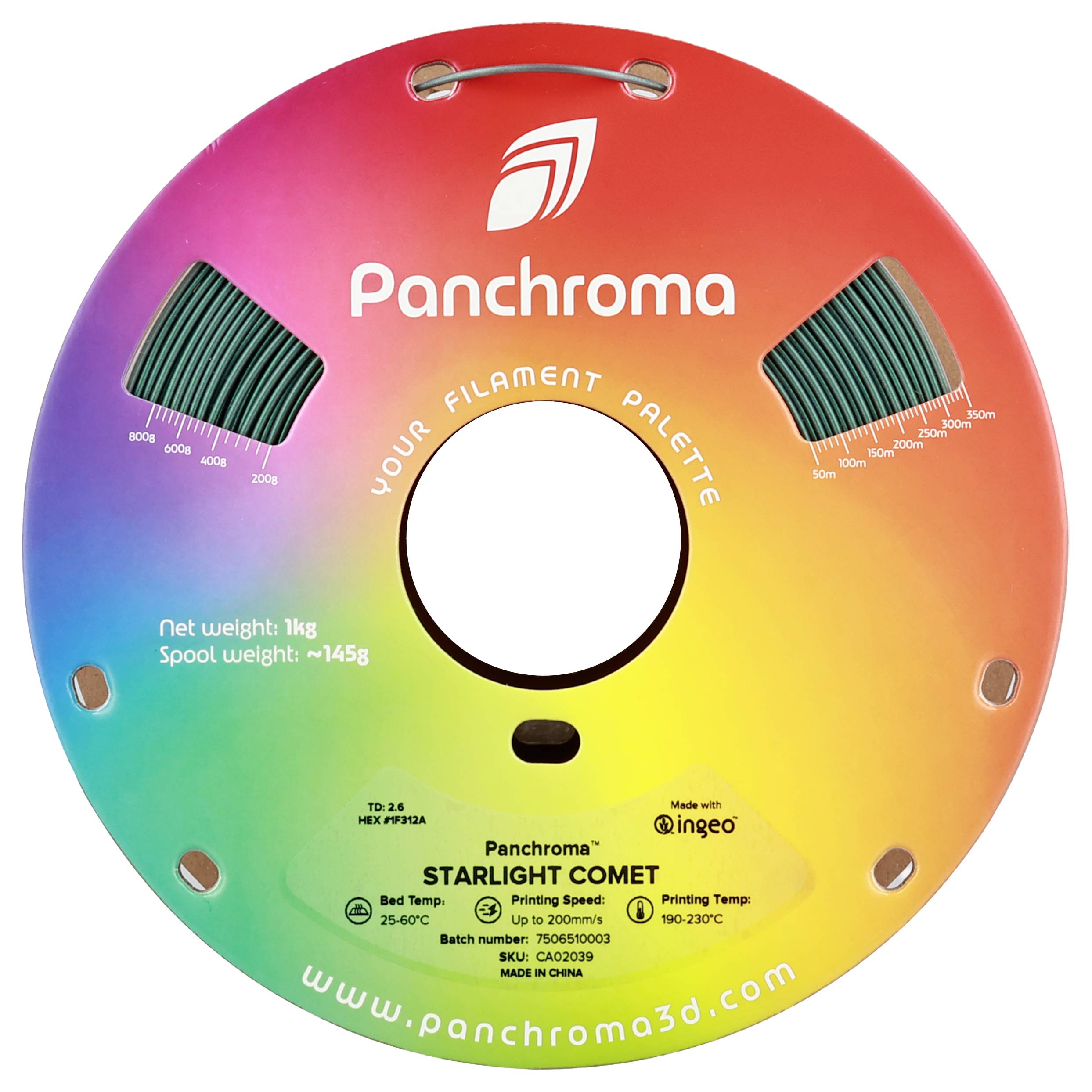 Eine runde, mehrfarbige Filamentrolle von Panchroma, kennzeichnet Details wie Gewicht, Material (Ingeo) und empfohlene Drucktemperaturen.