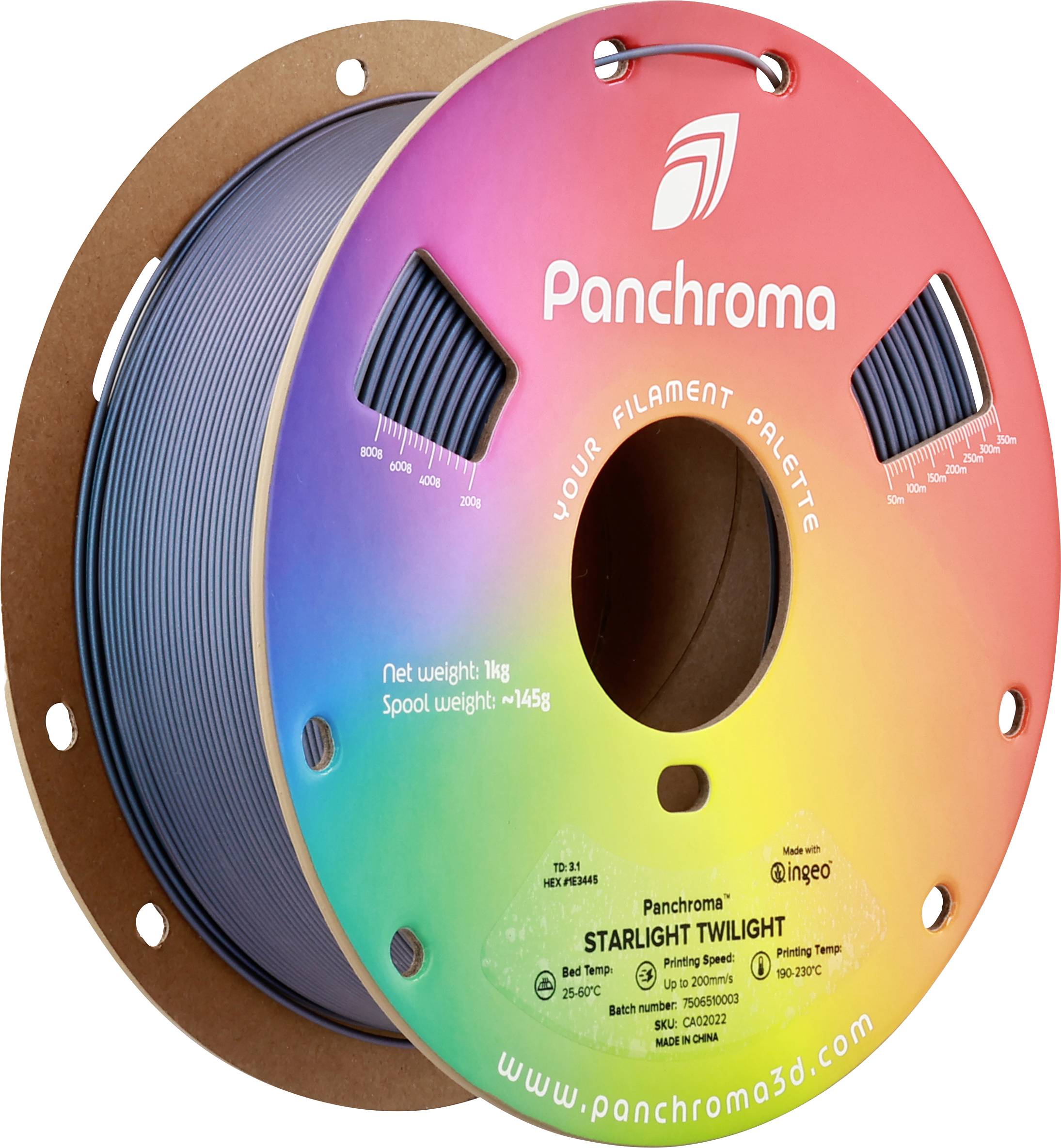 'Panchroma' Spule mit blauem 3D-Drucker-Filament, Gewichtsangabe 1 kg und Modellname 'Starlight Twilight' auf der Verpackung.
