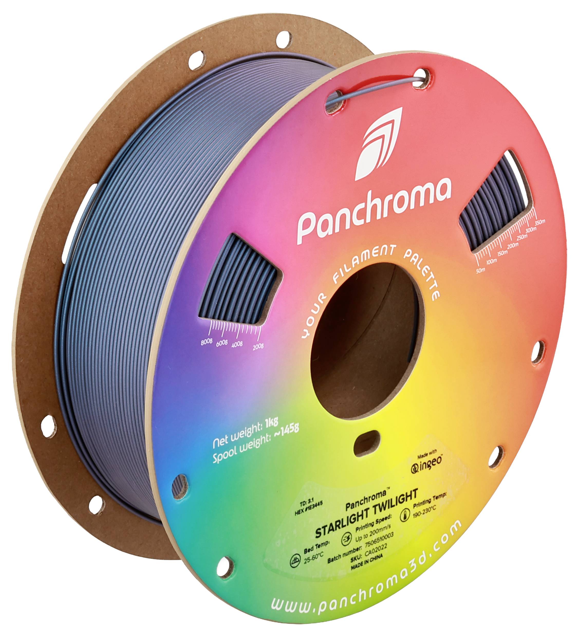 Spule mit regenbogenfarbenem 3D-Druckmaterial von Panchroma, Modell 'Starlight Twilight', Nettogewicht 1 kg, Spulengewicht 145 g.