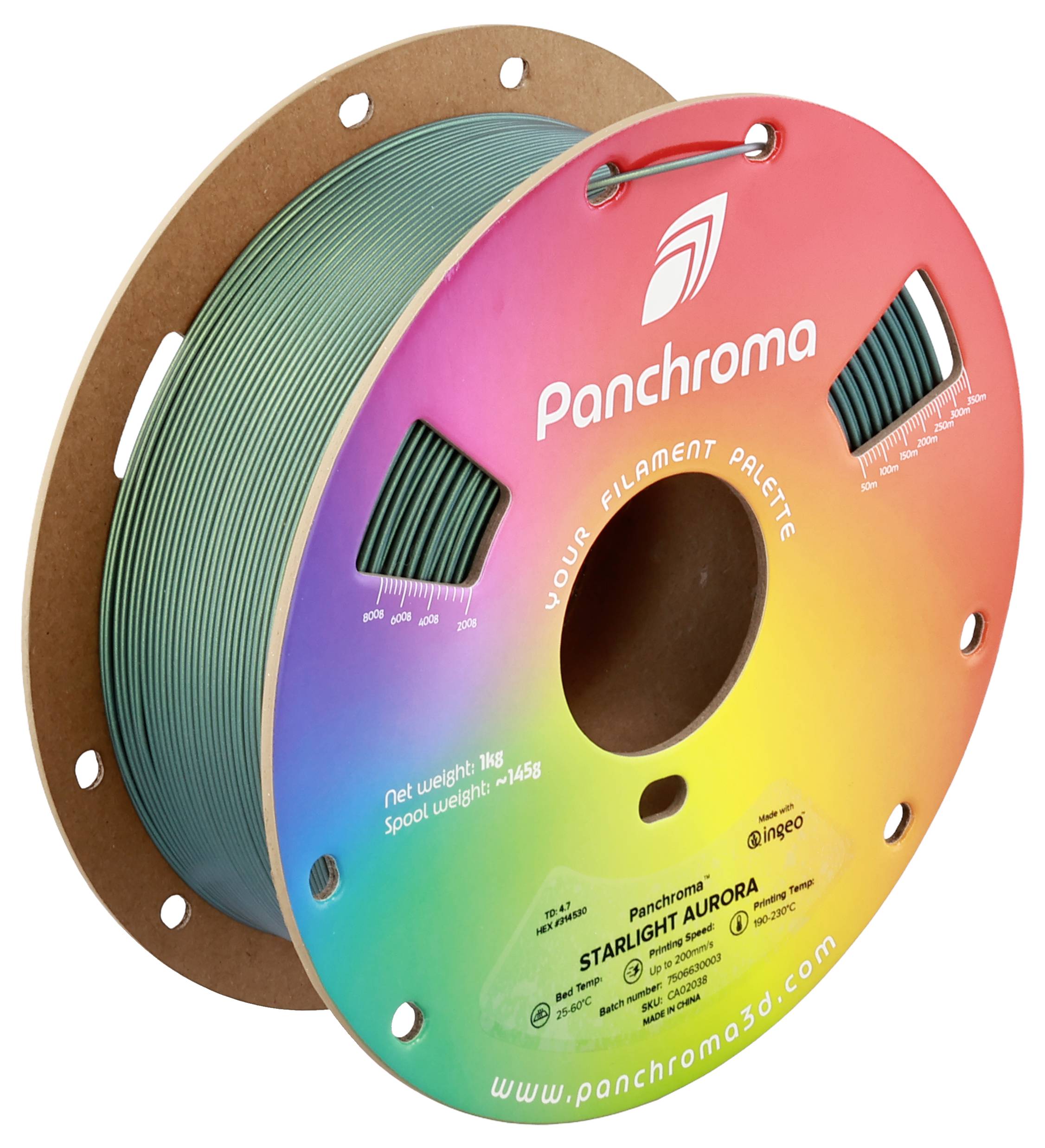 Rolle mit buntem 3D-Drucker-Filament, Marke Panchroma, Modell 'Starlight Aurora', Gewicht 1 kg, auf Pappkern.