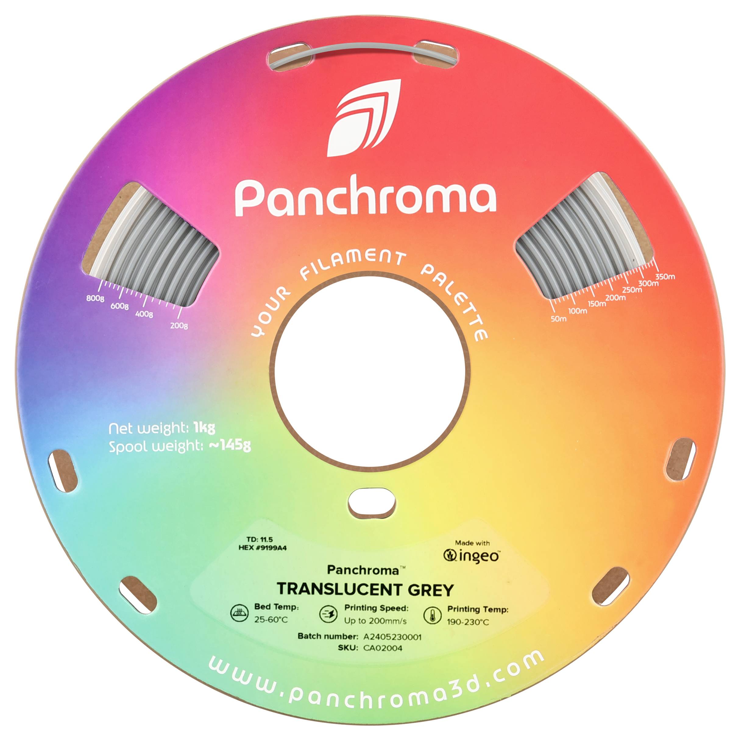 Rundes Filament-Etikett mit farbigem Verlauf und Loch in der Mitte. Text: 'Panchroma, Translucent Grey, Net weight: 1kg, Spool weight: ~145g'.