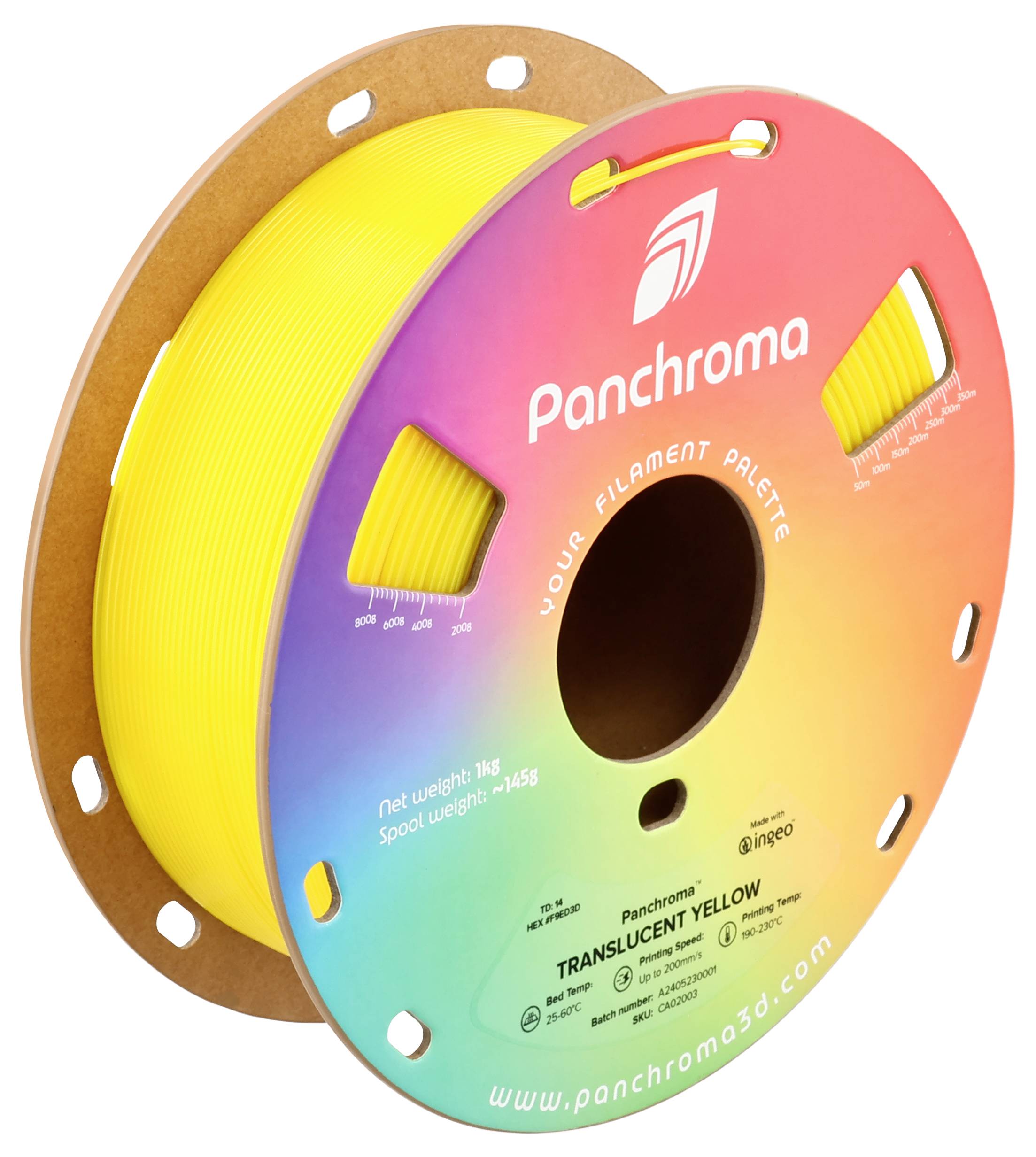 Gelbe 3D-Drucker-Filamentrolle der Marke Panchroma mit Regenbogenetikett. Text auf der Rolle: 'Translucent Yellow, 1 kg'.