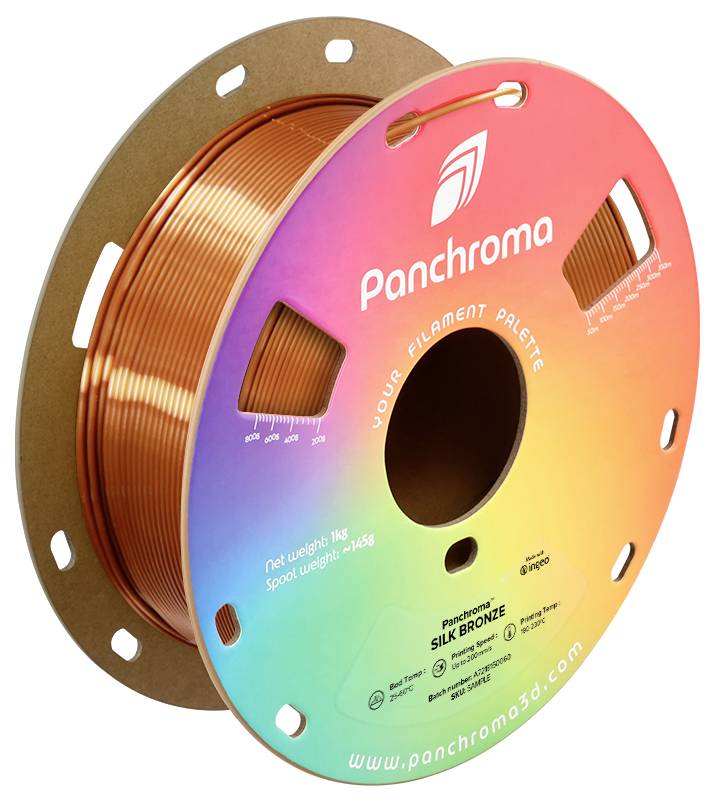Rolle mit 3D-Druckfilament, Marke Panchroma. Bronze Seidenoptik, 1 kg. Verpackung in Regenbogenfarben, zeigt Gewichtsskala.