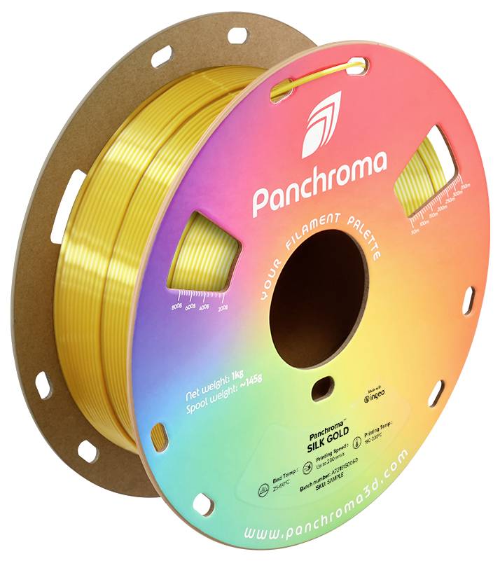 Gelbe 3D-Druckfilamentrolle Verpackung mit Schriftzug 'Panchroma', 'SILK GOLD', und Regenbogendesign. Gewicht: 1kg.
