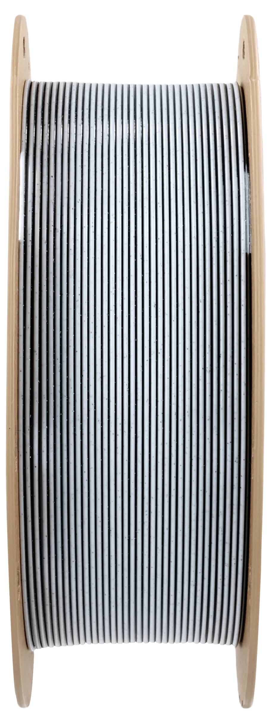 Kabelrolle mit grauem Kabel auf Holzspule, von oben nach unten im Bild.