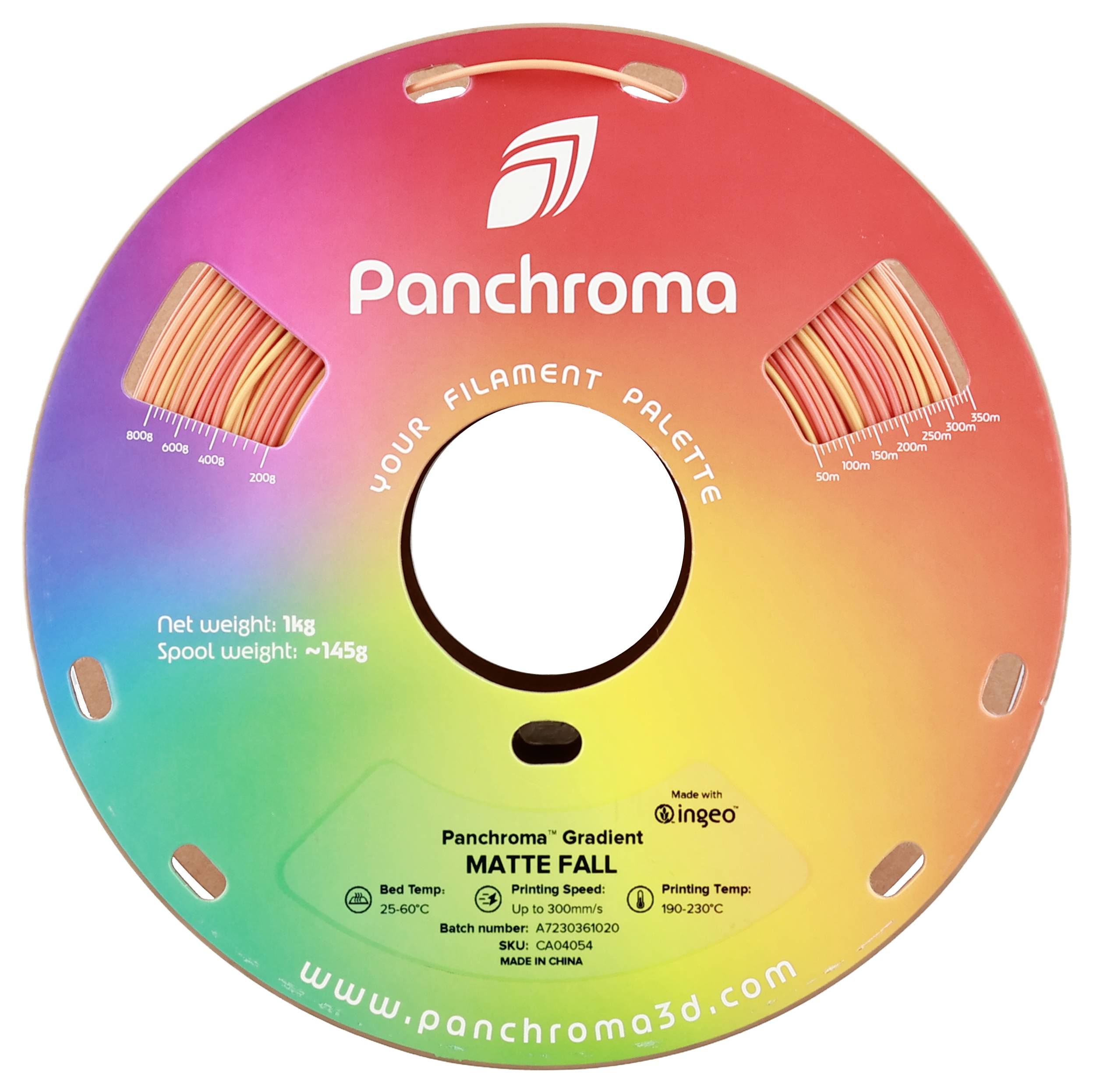 'Panchroma' Filamentspule mit Farbverlauf von rot zu grün und Produktdetails. Gewicht 1 kg, Drucktemperatur 190-230°C.