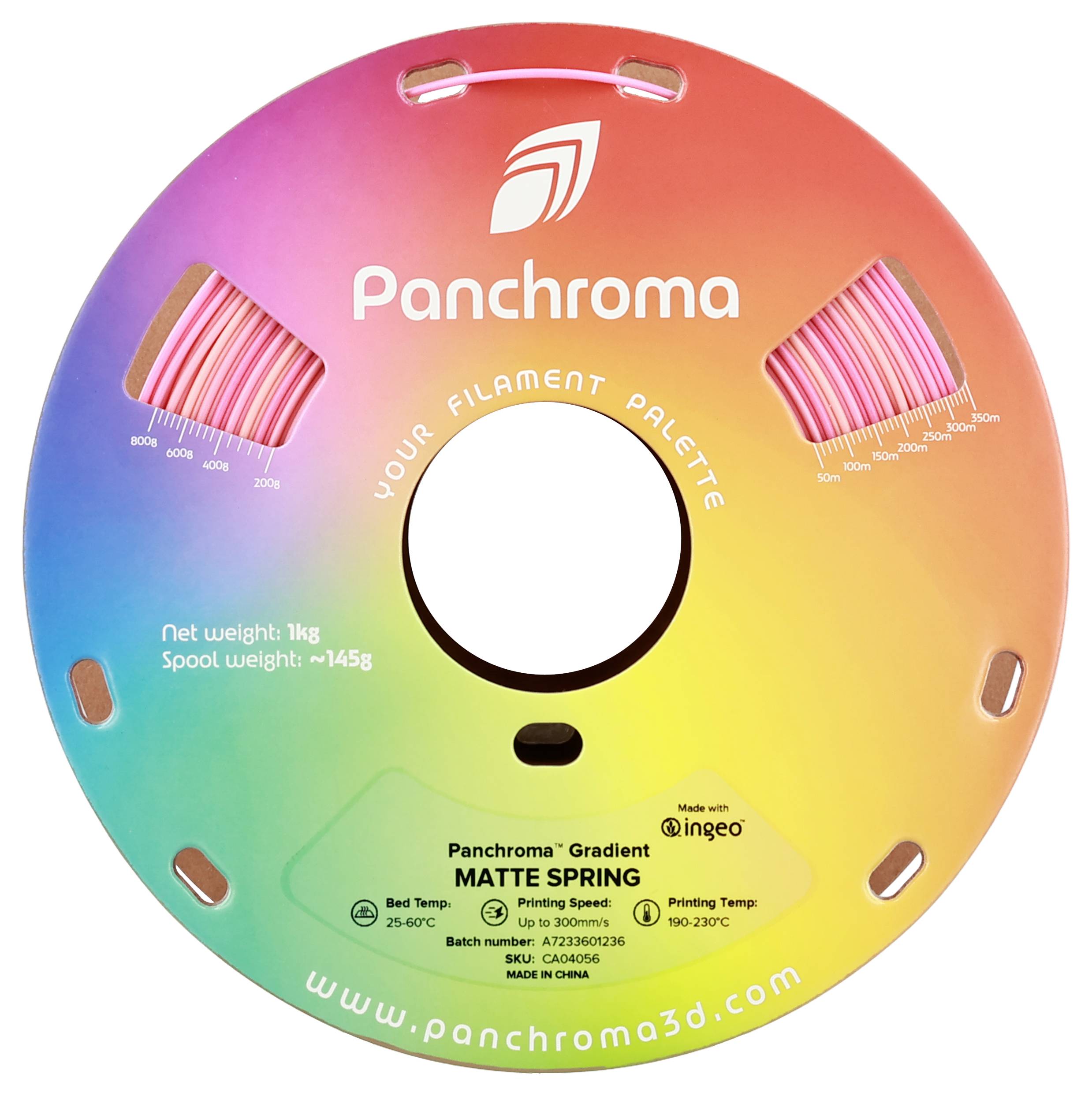 Eine bunte Filamentrolle von Panchroma. Text auf der Rolle: 'Your Filament Palette', 'Panchroma Gradient', 'Matte Spring'.