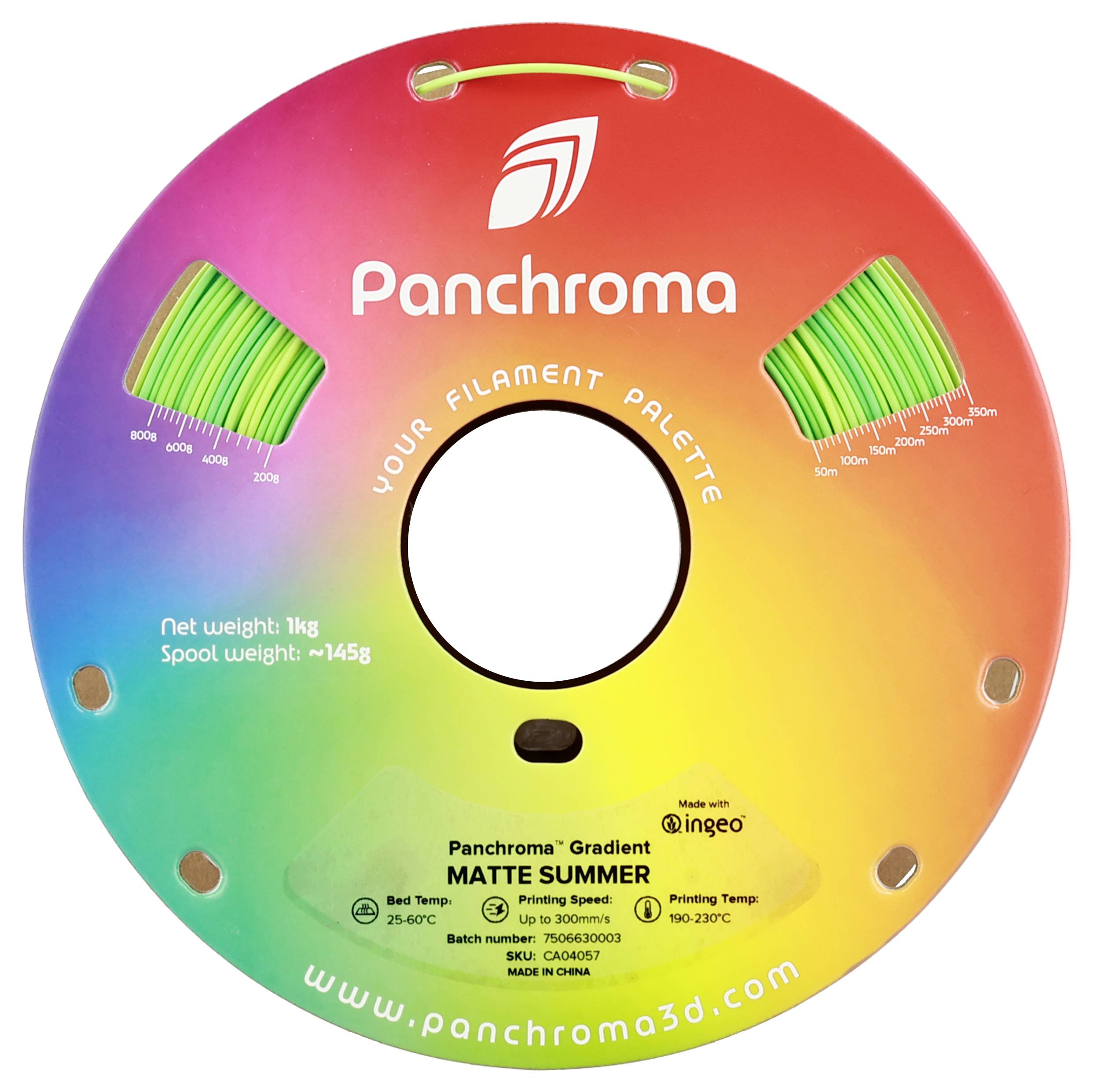 Eine bunte Spule 3D-Druckerfilament, 'Panchroma Gradient Matte Summer', 1kg, Bett-Temperatur: 25-60°C, Düsentemperatur: 190-230°C.