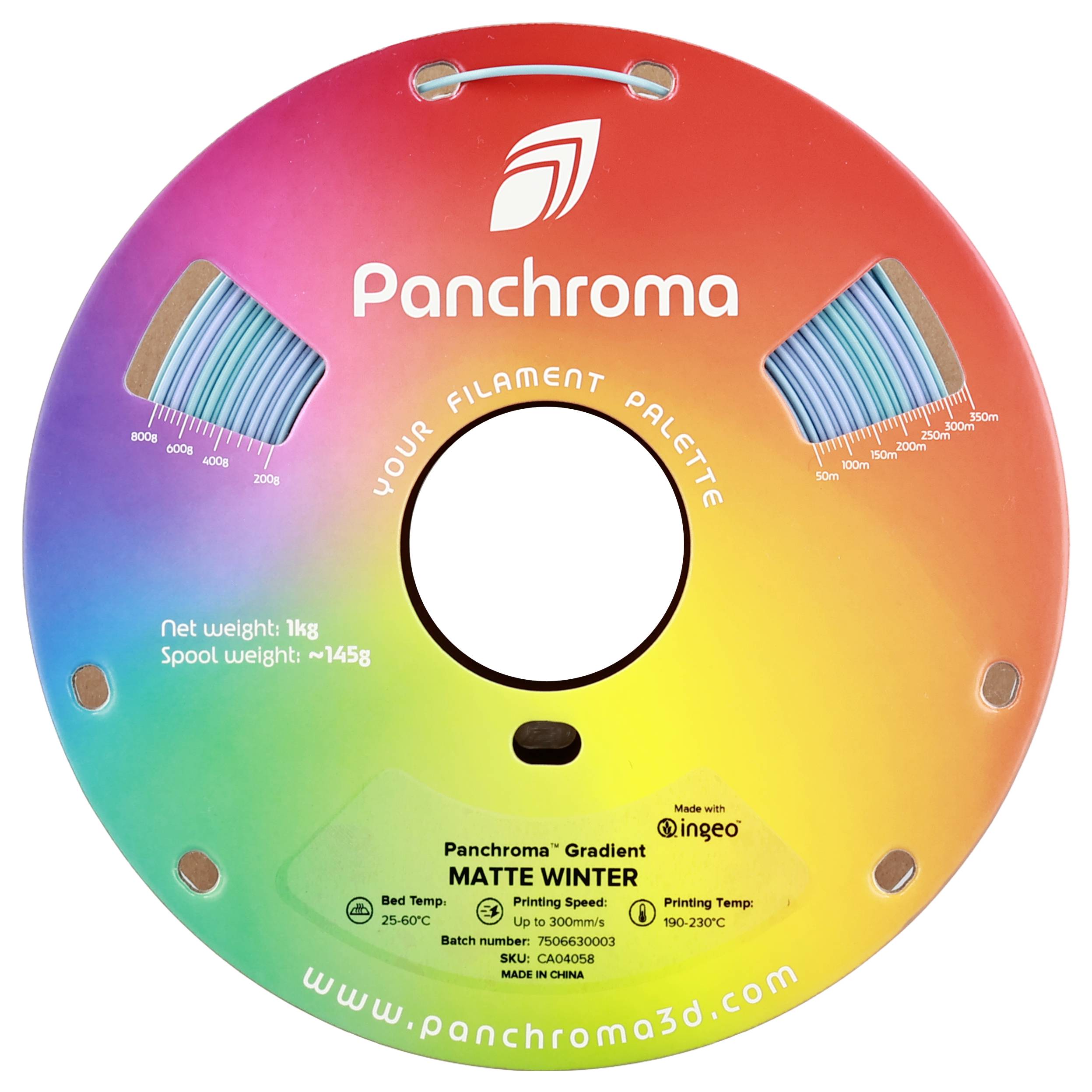 'Panchroma': Filamentrolle in Regenbogenfarben, 1 kg, Nettogewicht 145 g. Für 3D-Druck, Mattes Finish. Temperatur: 190-230°C. Made with Ingeo.