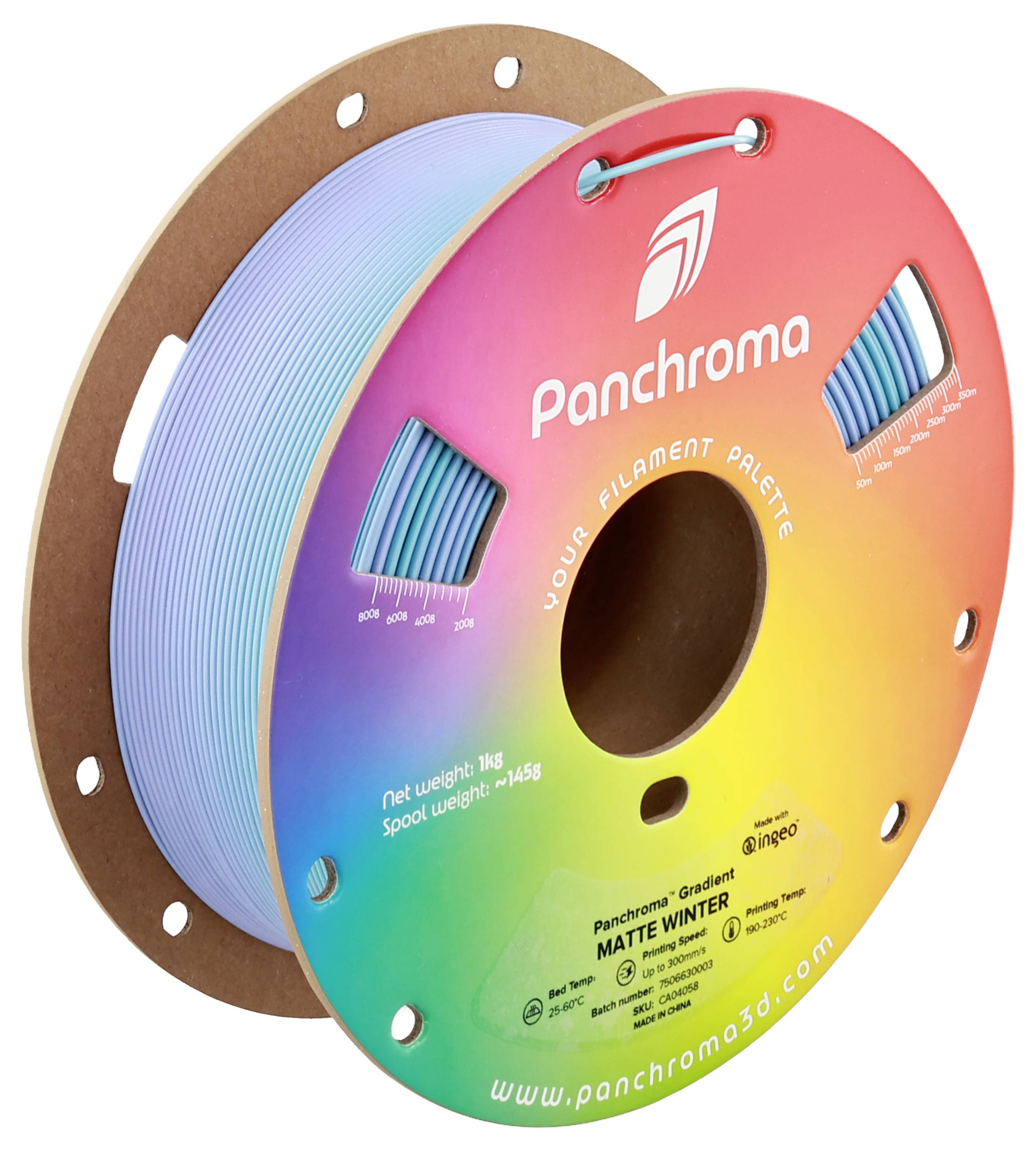 Bunte Filamentspule mit Farbverlauf von Blau zu Rot, Marke Panchroma, für 3D-Drucker. Gewicht: 1 kg. Modell: Matte Winter.
