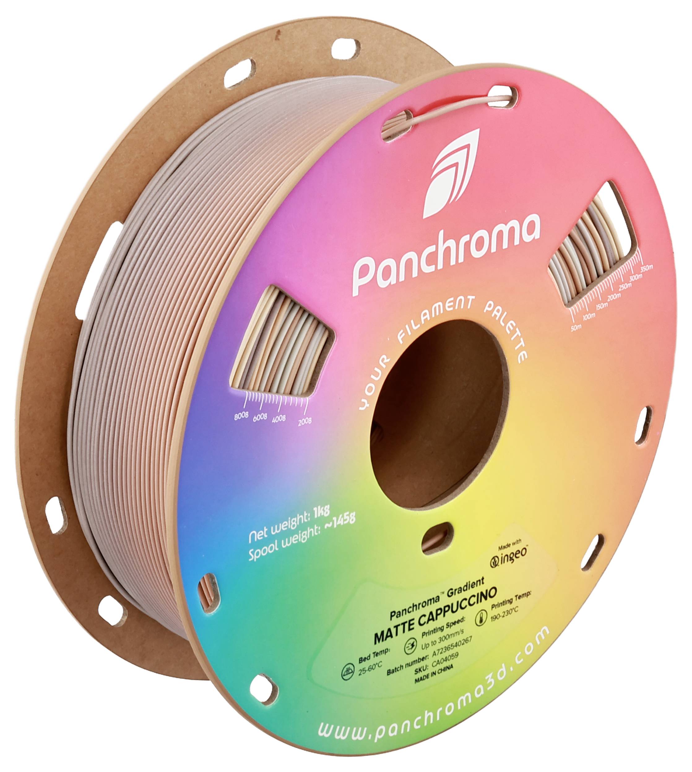 3D-Drucker-Filamentrolle mit Farbverlauf von Rosa zu Braun, Marke Panchroma. Model: Matte Cappucino, Nettogewicht 1kg.