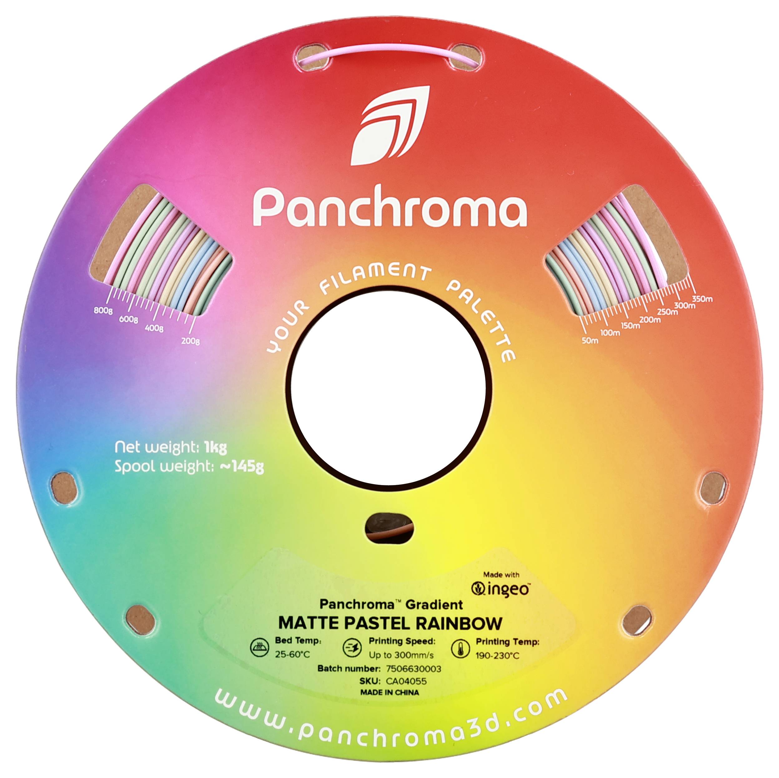 Farbscheibe für 3D-Druckfilamente in Regenbogenfarben mit Produktinformationen wie Gewicht und Temperaturbereichen.