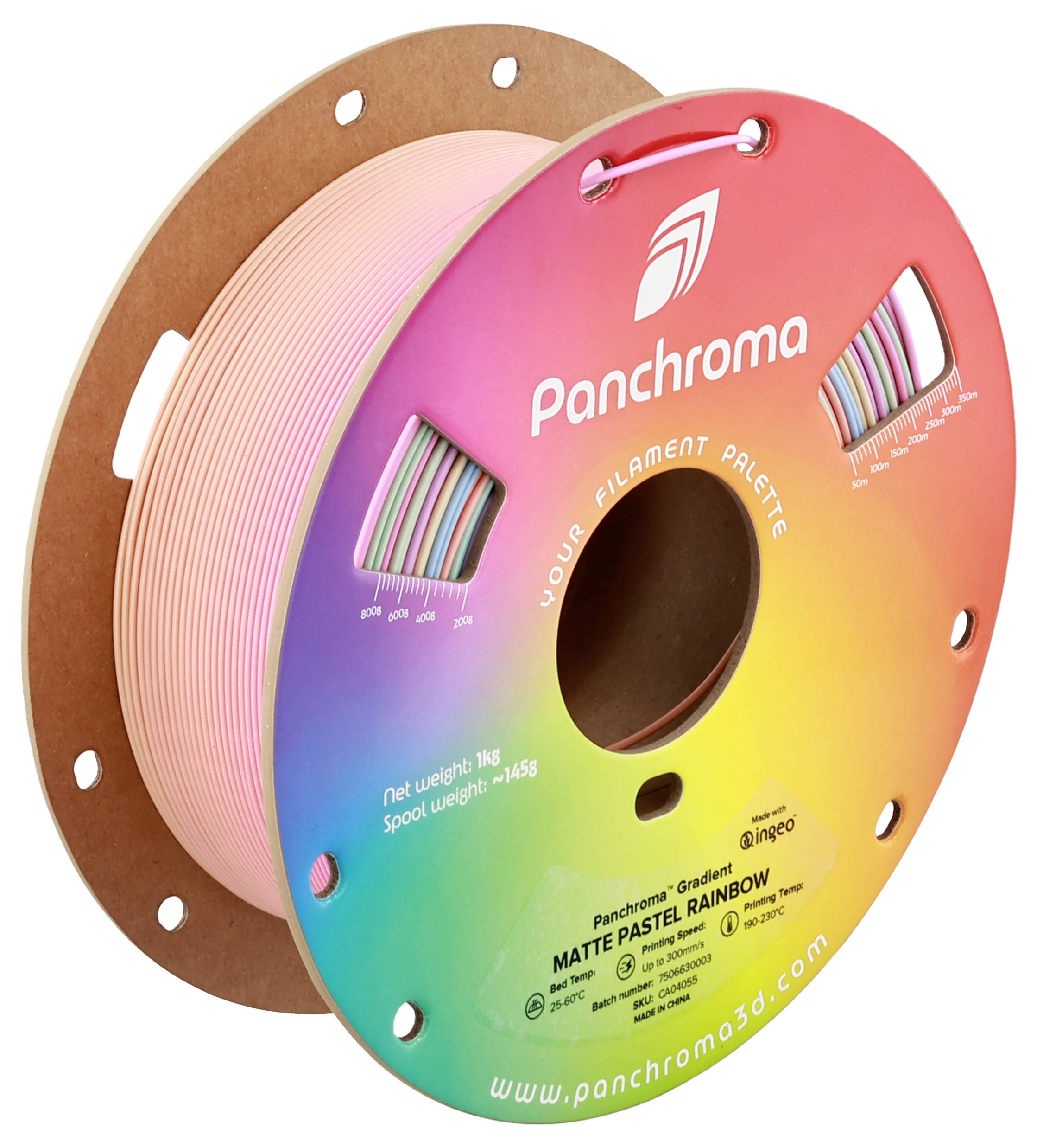 Spule mit mehrfarbigem 3D-Druckfilament in Pastelltönen, mit der Aufschrift 'Panchroma'.