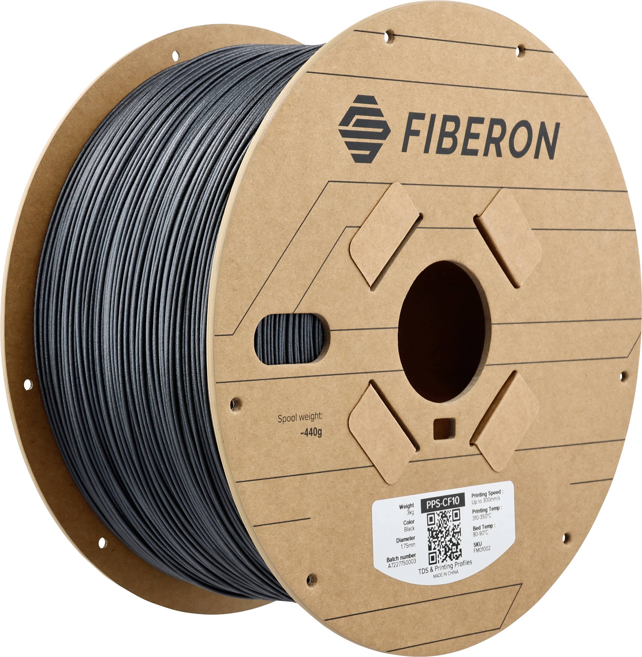 Eine Rolle mit grauem Filament der Marke Fiberson, geeignet für 3D-Drucker. Es ist auf einem braunen, runden Spulenkern gewickelt.