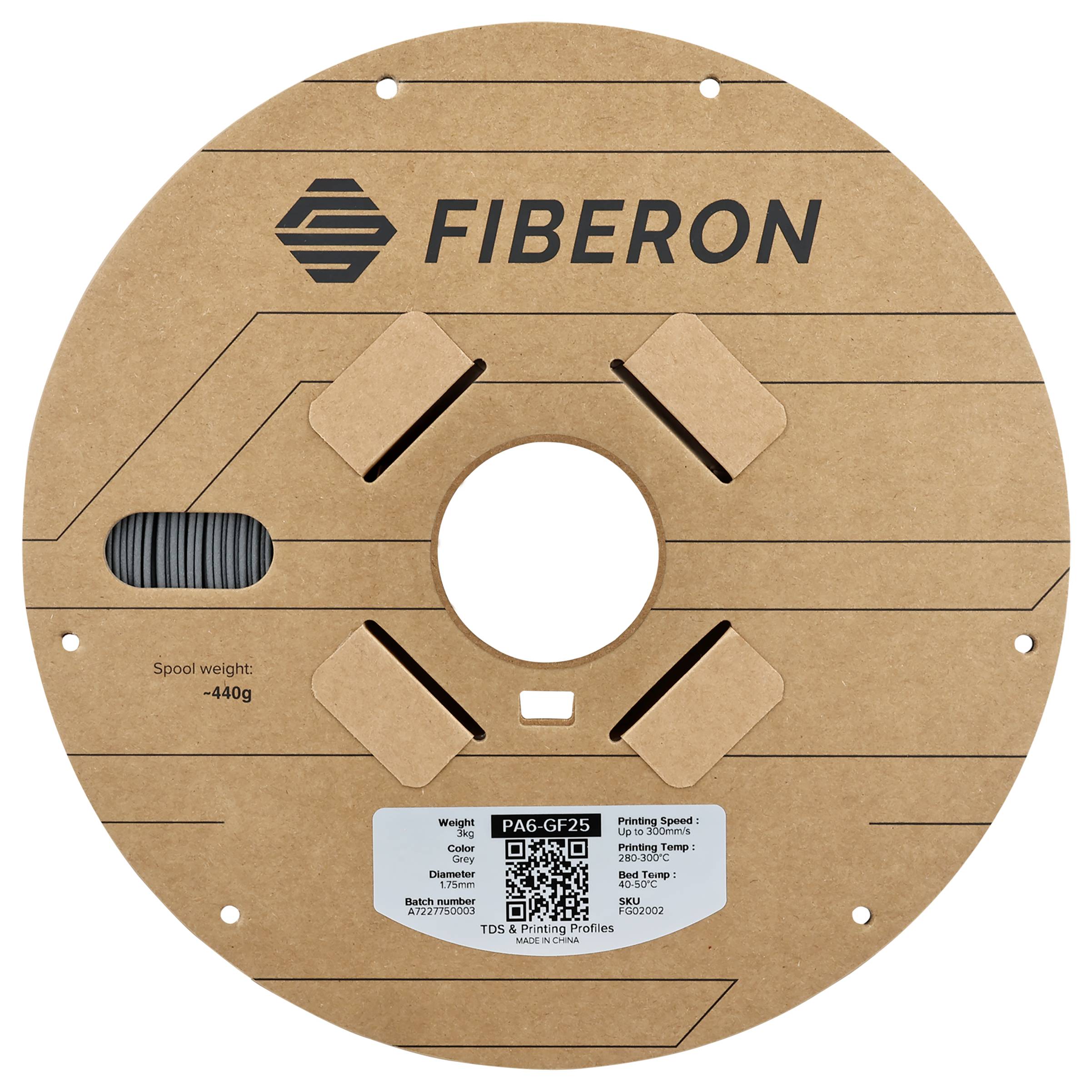 Spule der Marke 'FIBERON', Gewicht 440g. Zentrales Loch zur Montage. QR-Code und technische Spezifikationen auf der unteren Seite.