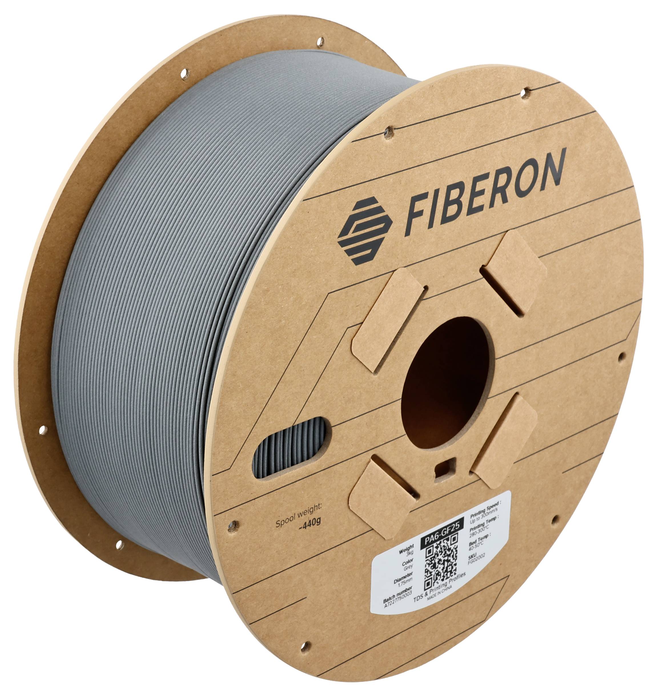 Eine große Spule mit grauem Filament, beschriftet mit 'FIBERON'. Geeignet für 3D-Druck, wiegt 400g. Enthält QR-Code für weitere Infos.