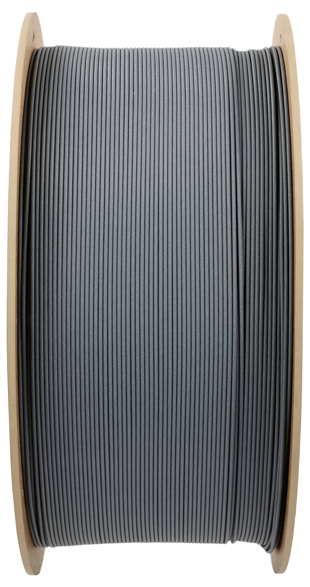 Spule mit dunkelgrauem Kunststofffilament für 3D-Drucker.