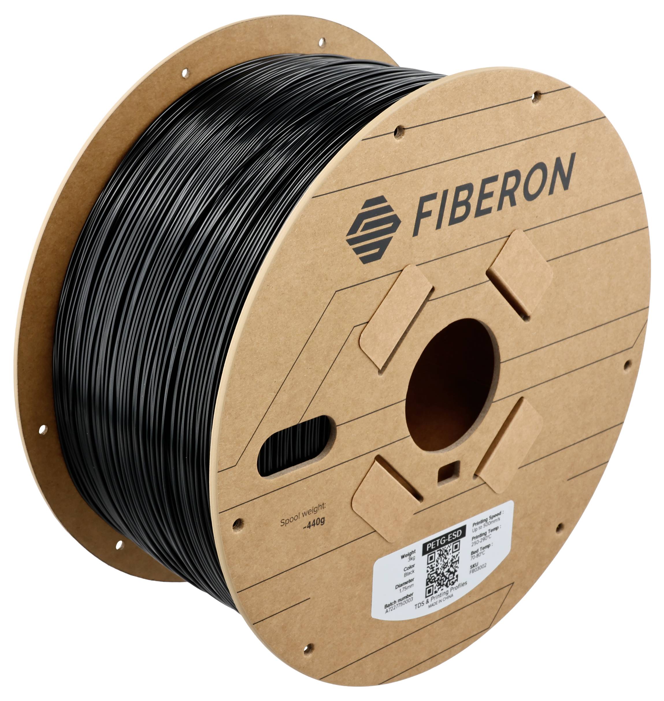 Große Rolle mit schwarzem Kabel von 'Fiberon', verwendet für elektrische Anwendungen. Rolle besteht aus Karton mit Herstellerlogo.