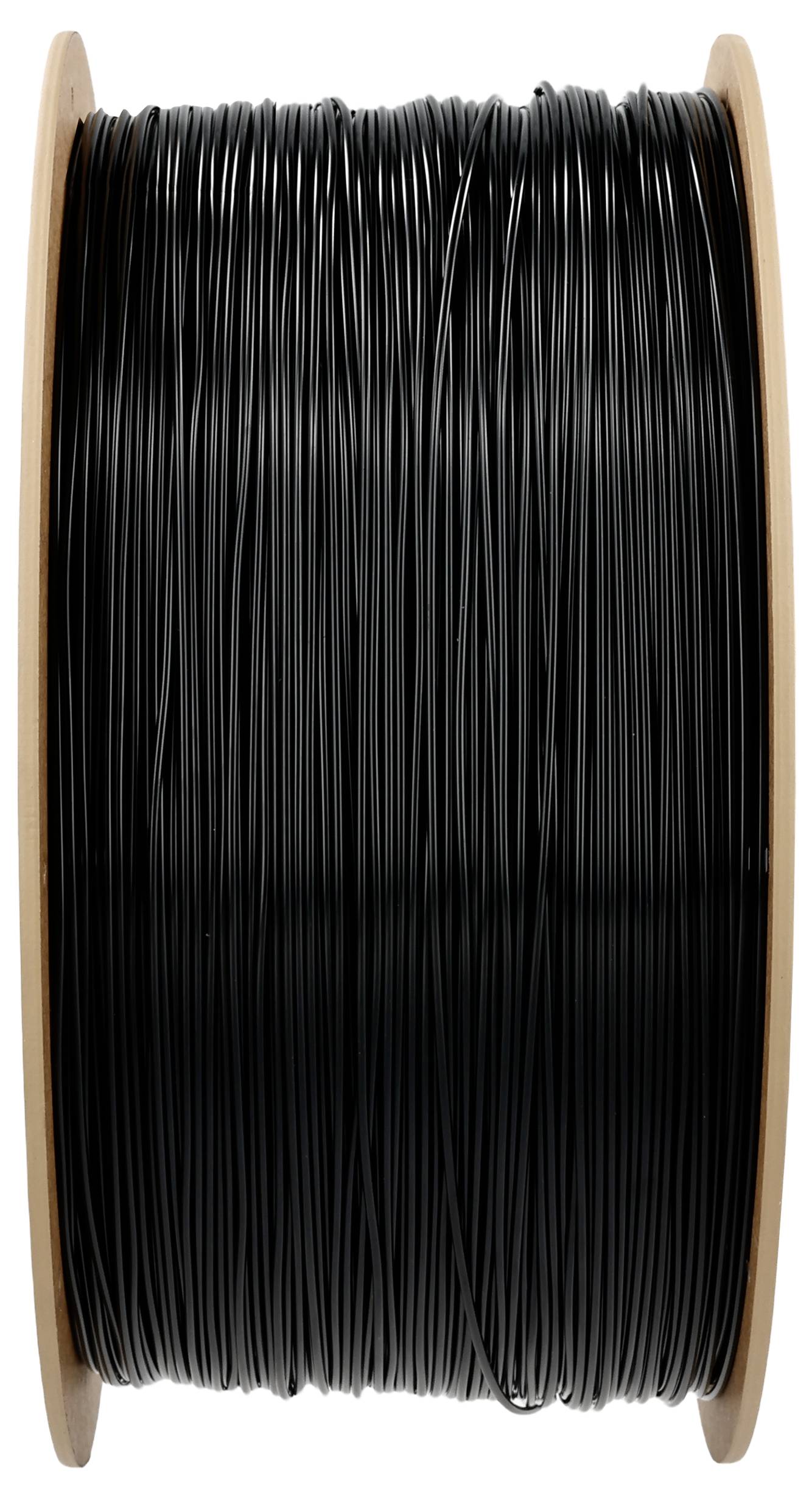 Schwarze Kunststoffdrahtrolle, auf Holzspule aufgewickelt, vertikale Ansicht. Wird häufig für 3D-Drucker verwendet.