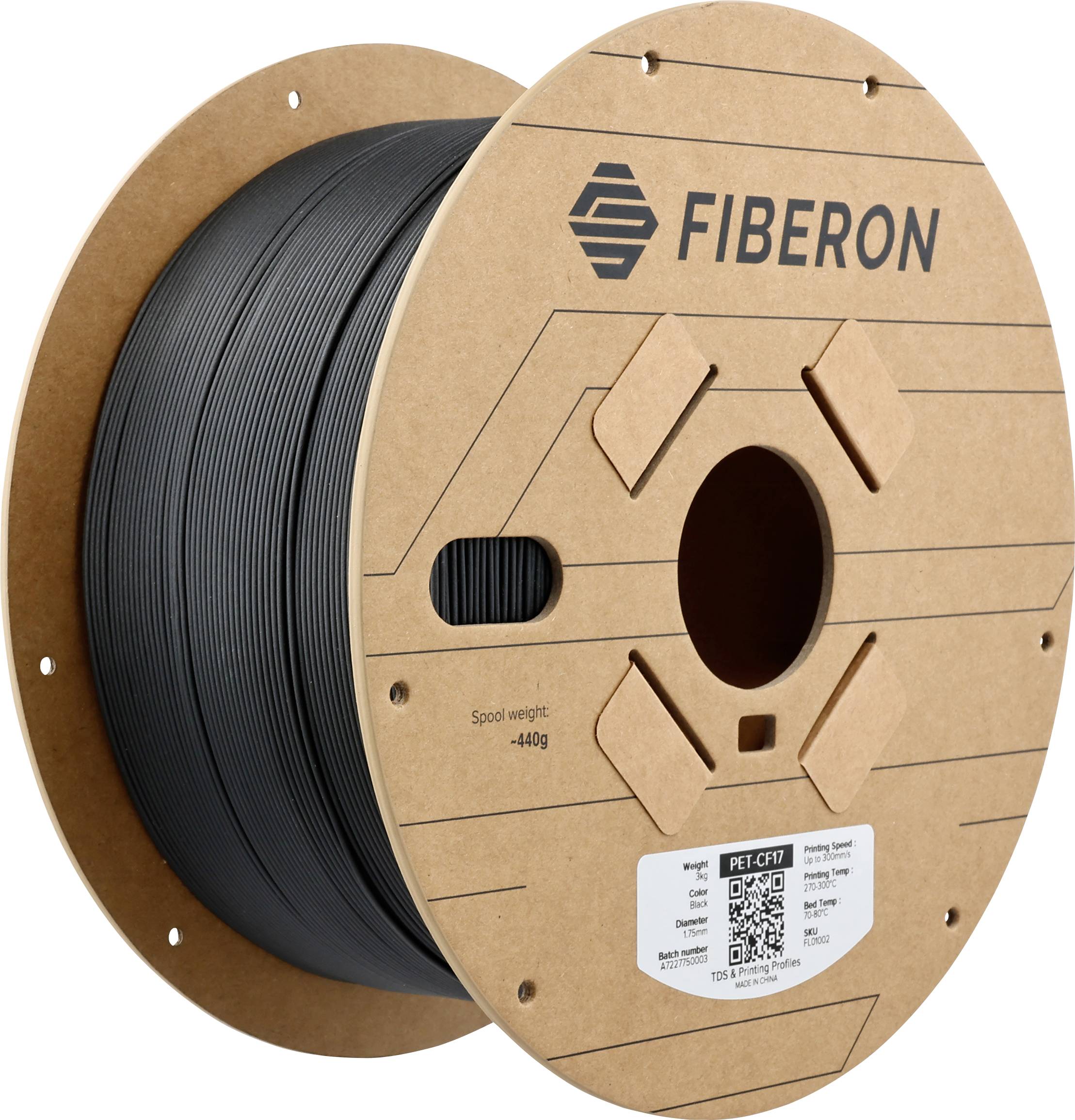 Spule mit schwarzem Filament der Marke 'FIBERON', zeigt Logo und Gewicht 440g. Enthält QR-Code und Produktinformationen auf Etikett.