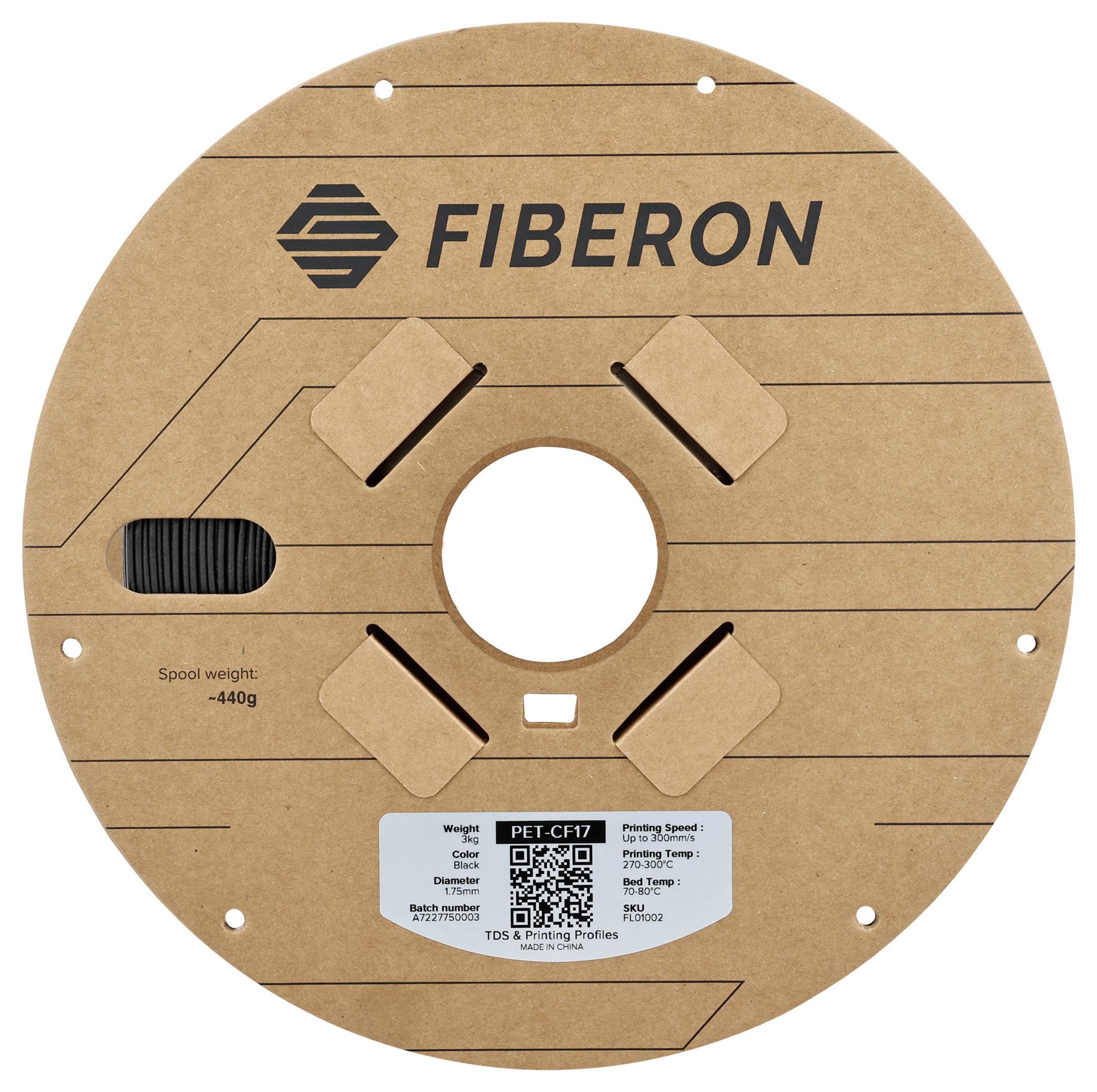 Runde Fadenspule mit dem Aufdruck 'FIBERON'. Aufkleber zeigt Material PET-CF17, Gewicht 440g und QR-Code.