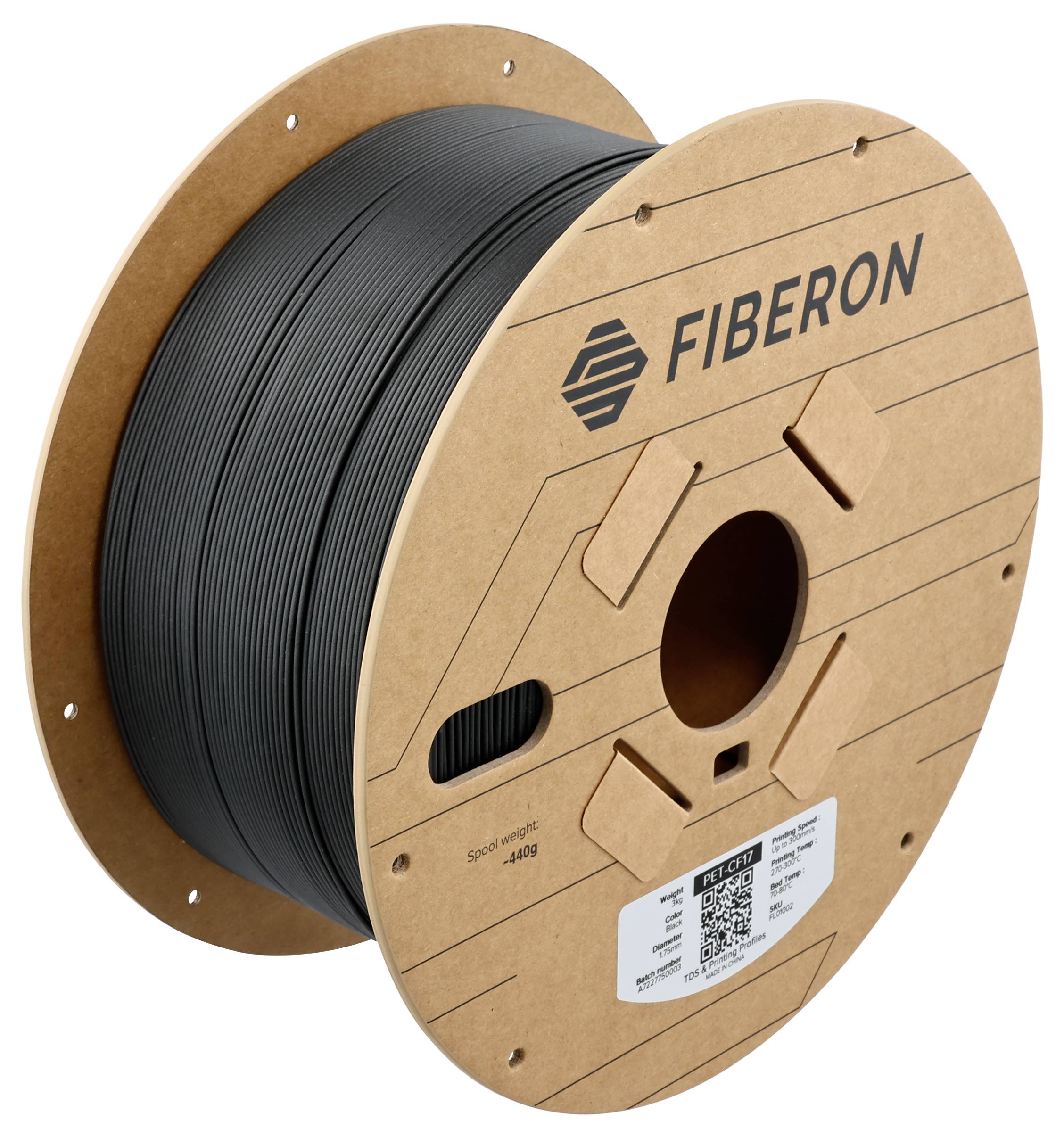 Eine Spule mit schwarzem Filament der Marke 'FIBERON' aus Karton, geeignet für 3D-Druck, mit Gewichtsangabe von 450g und QR-Code.