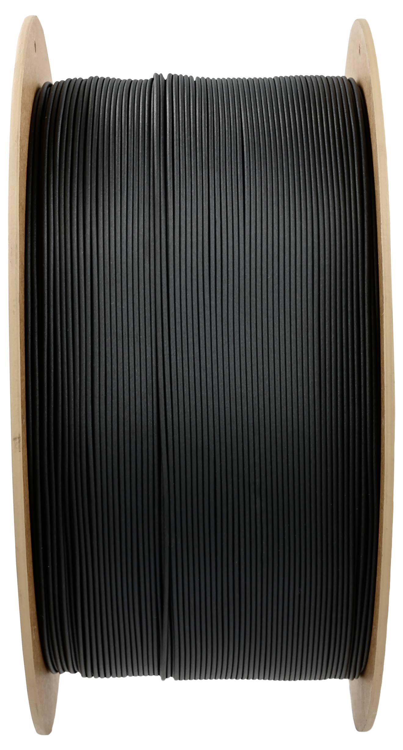 Spule mit schwarzem Kunststoffdraht auf Holzrollen, verwendet für 3D-Druckerfilament, zeigt Material und Farbe.