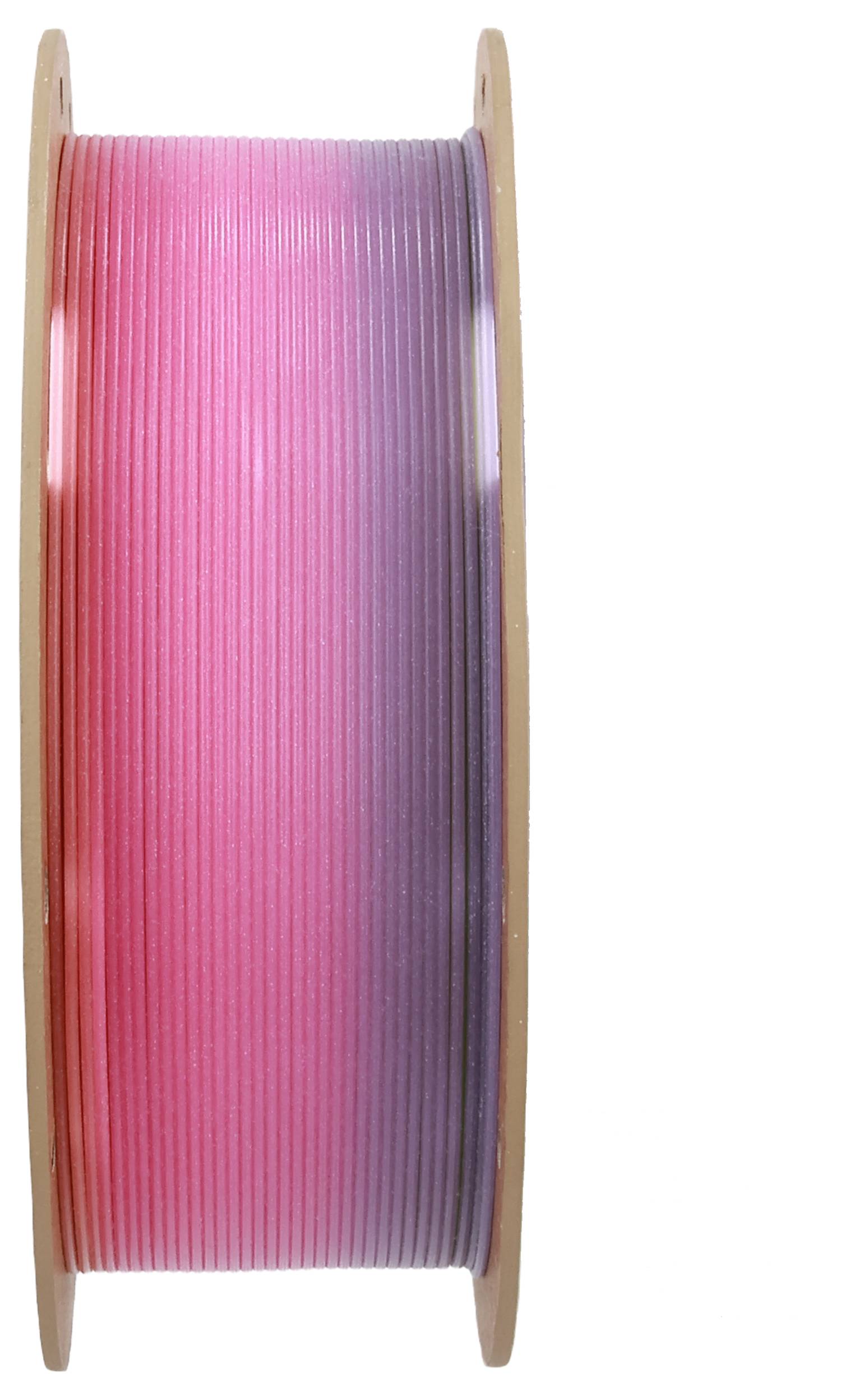 Spule mit 3D-Drucker-Filament in Farbverlauf von Pink zu Lila, auf einer Holzrolle.
