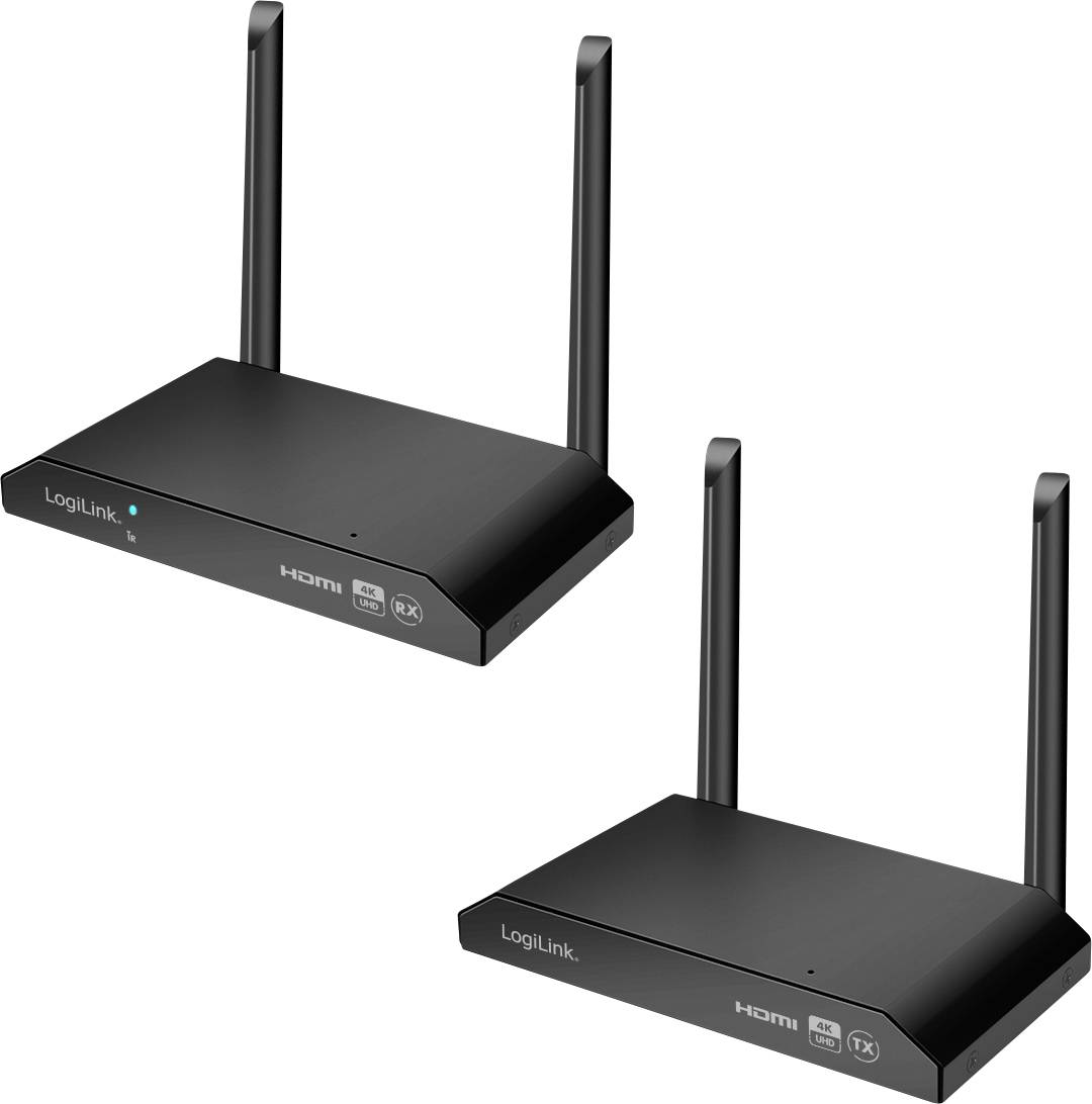 Zwei schwarze LogiLink-Geräte mit HDMI-Anschluss und Antennen, eines mit 'RX' und das andere mit 'TX' beschriftet.