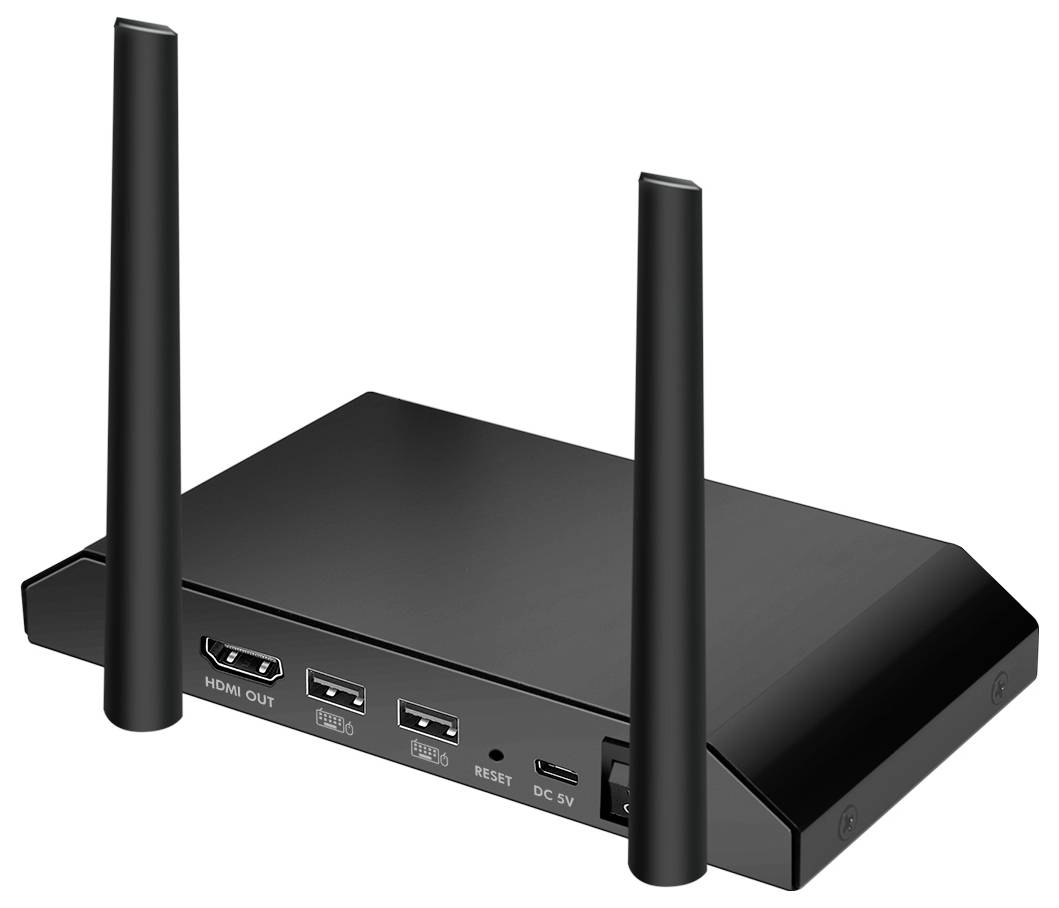 Ein schwarzer, rechteckiger Router mit zwei Antennen, zeigt verschiedene Anschlüsse und Tasten für HDMI, USB, Reset und Stromversorgung.
