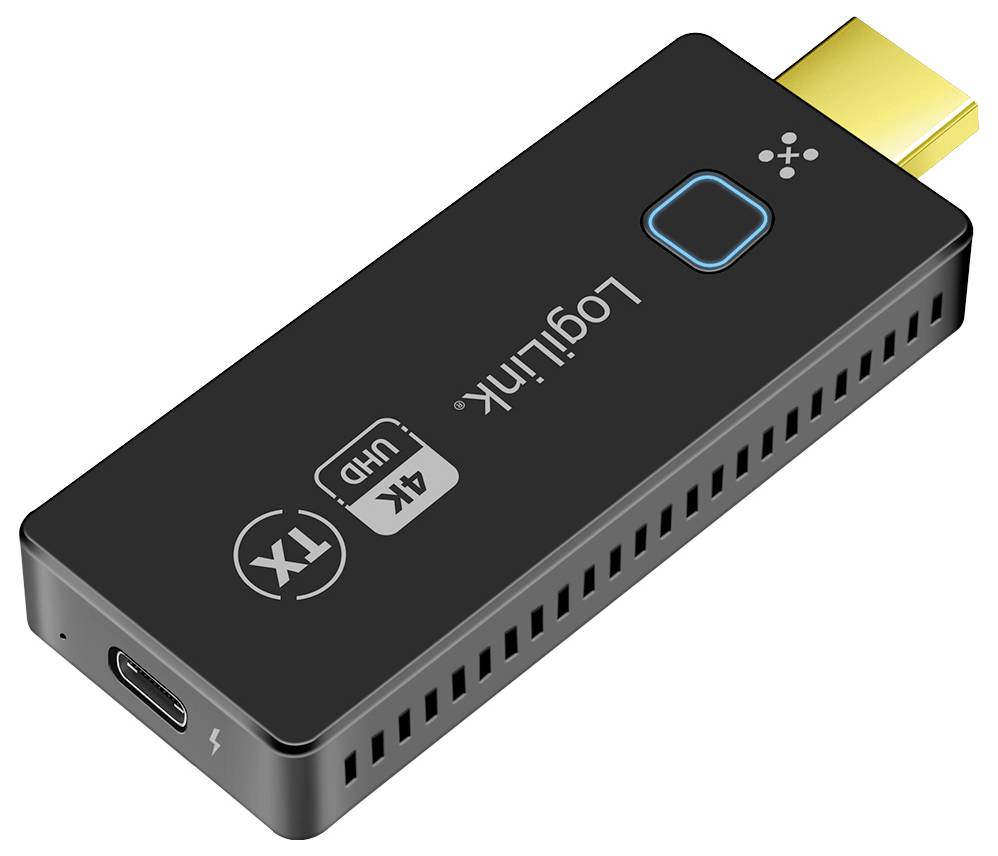 Schwarzer HDMI-Dongle mit 'LogiLink'-Logo, 4K UHD TX-Symbol und USB-C-Anschluss, dient zur drahtlosen Übertragung von Audio/Video.