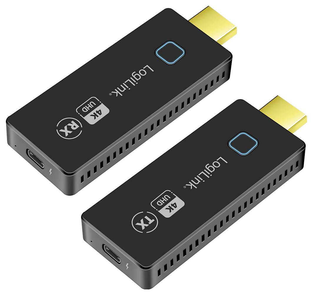 Zwei schwarze HDMI-Sticks mit 'logi-link' und '4K UHD' Aufschrift, einer mit 'RX', der andere mit 'TX', goldene Anschlüsse.