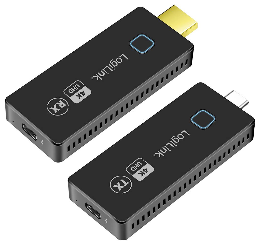 Ein schwarzes drahtloses HDMI-Sender/-Empfänger-Set mit goldenen Anschlüssen. Beschriftet mit 'LogiLink 4K UHD'.