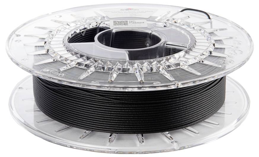 Schwarze Filamentrolle für 3D-Drucker, auf transparentem Plastikspulenkern, seitliche Ansicht.