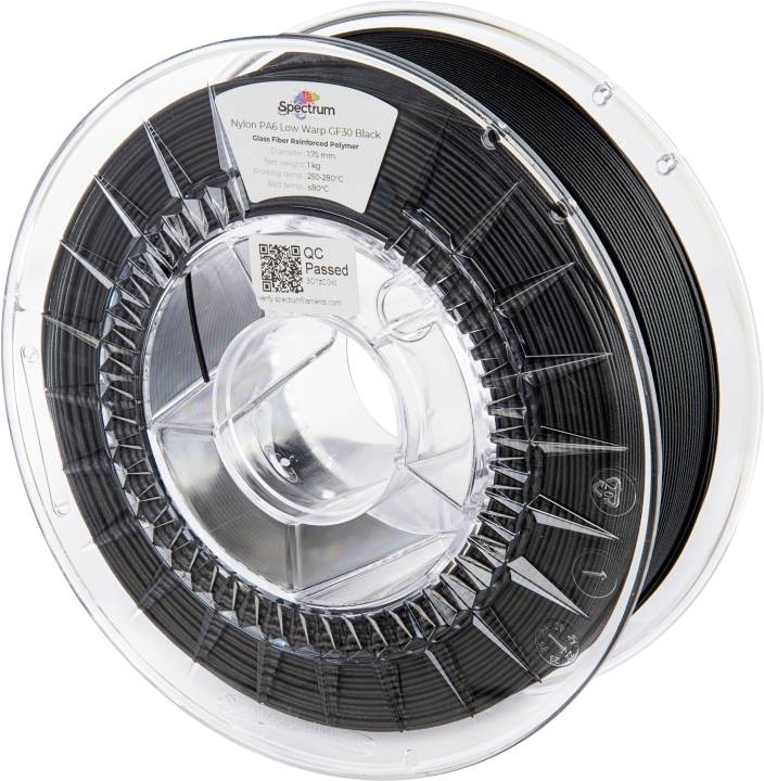 Eine Spule aus schwarzem Nylon-PA6 Low Warp CF30-Filament von Spectrum für 3D-Drucker, geeignet für Temperaturen von 250-280°C.