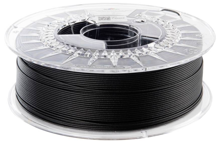 Eine Spule mit schwarzem 3D-Drucker-Filament, auf einer transparenten Kunststoffrolle aufgewickelt.