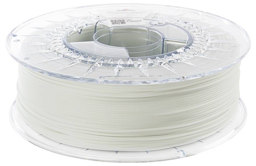 Eine Spule mit weißem 3D-Drucker-Filament, auf einer durchsichtigen Plastikspule gewickelt. Geeignet für 3D-Druckanwendungen.