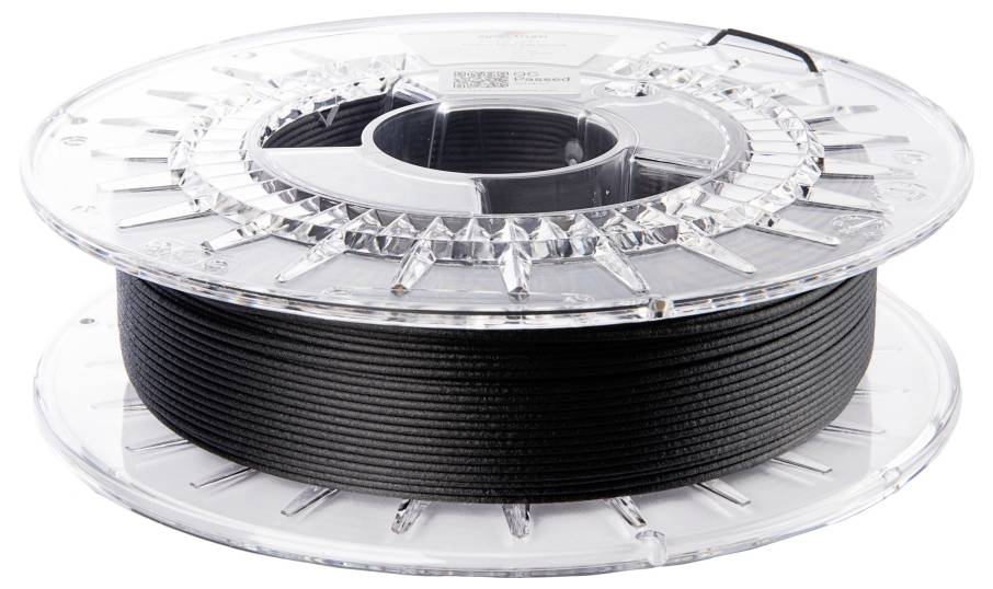 Eine transparente Spule mit schwarzem 3D-Drucker-Filament.