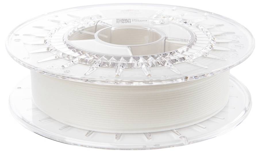 Eine transparente Plastikspule mit weißem 3D-Drucker-Filament, darauf gewickelt, vor weißem Hintergrund.