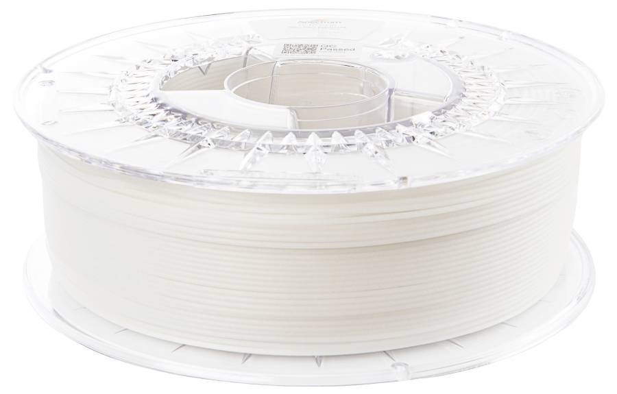 Eine transparente Spule mit weißem Filament für 3D-Drucker, seitlich abgebildet.