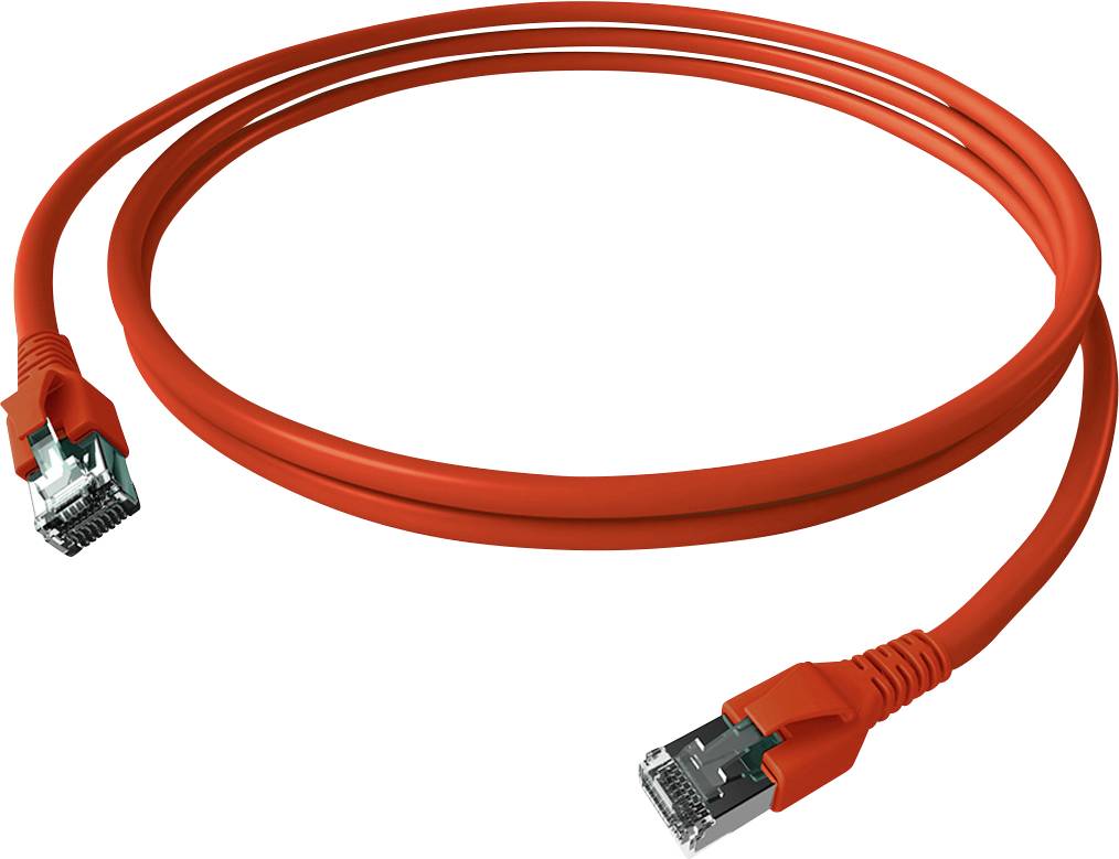 Ein rotes Ethernet-Kabel mit zwei RJ45-Steckern, geeignet für Netzwerkverbindungen.