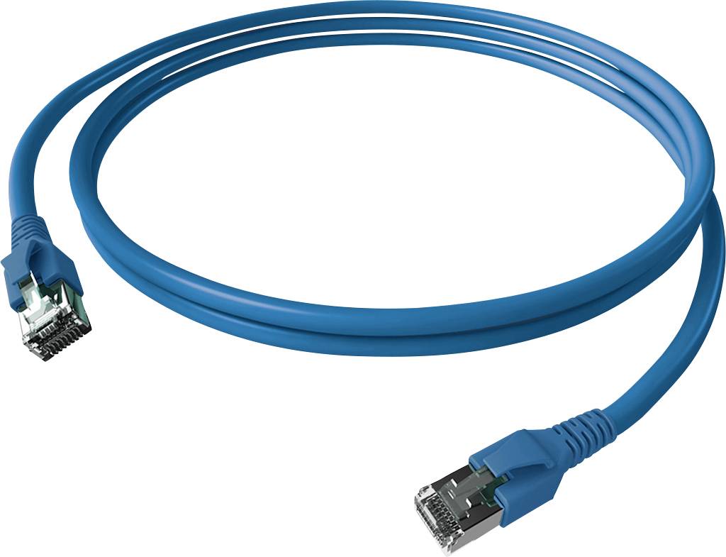 Ein blaues Ethernet-Kabel mit zwei RJ45-Steckern. Es dient zur Verbindung von Netzwerkgeräten für den Datentransfer.