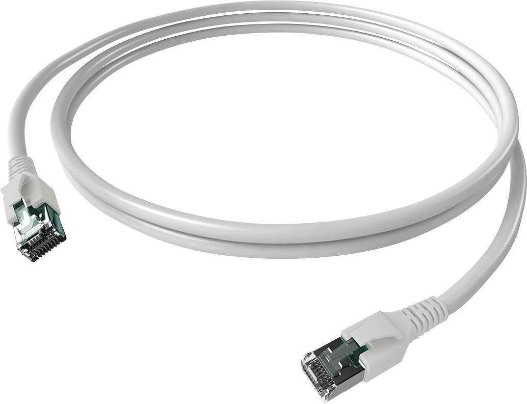 Ein weißes Ethernet-Kabel mit zwei RJ-45-Steckern, verwendet zur Netzwerkverbindung in Computernetzwerken.