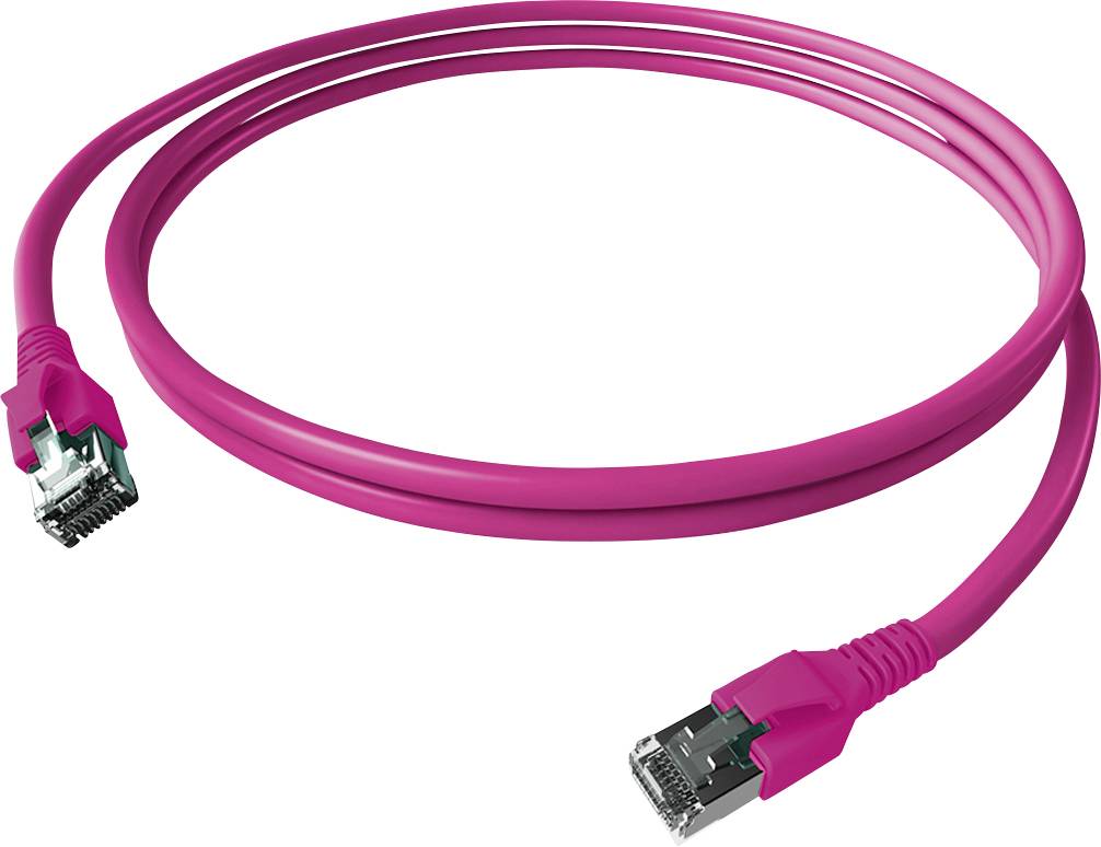 Ein pinkfarbenes Ethernet-Kabel mit RJ45-Steckern an beiden Enden, auf weißem Hintergrund dargestellt.
