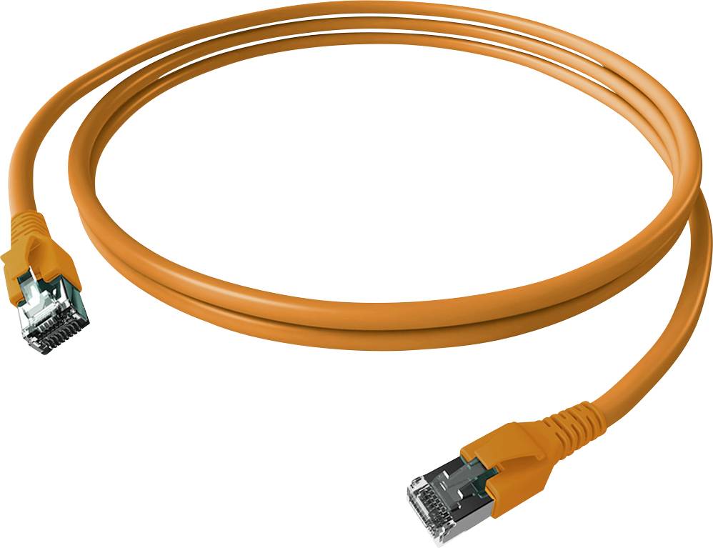 Orangefarbenes Ethernet-Kabel mit Stecker an beiden Enden, verwendet zur Netzwerkverbindung und Datenübertragung.