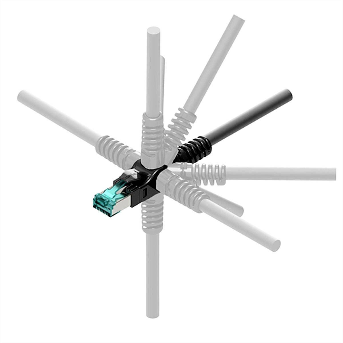 Ein schwarzes Kabel mit grünem RJ45-Stecker wird in sechs Richtungen gebogen. Fokus liegt auf der Flexibilität des Kabels.