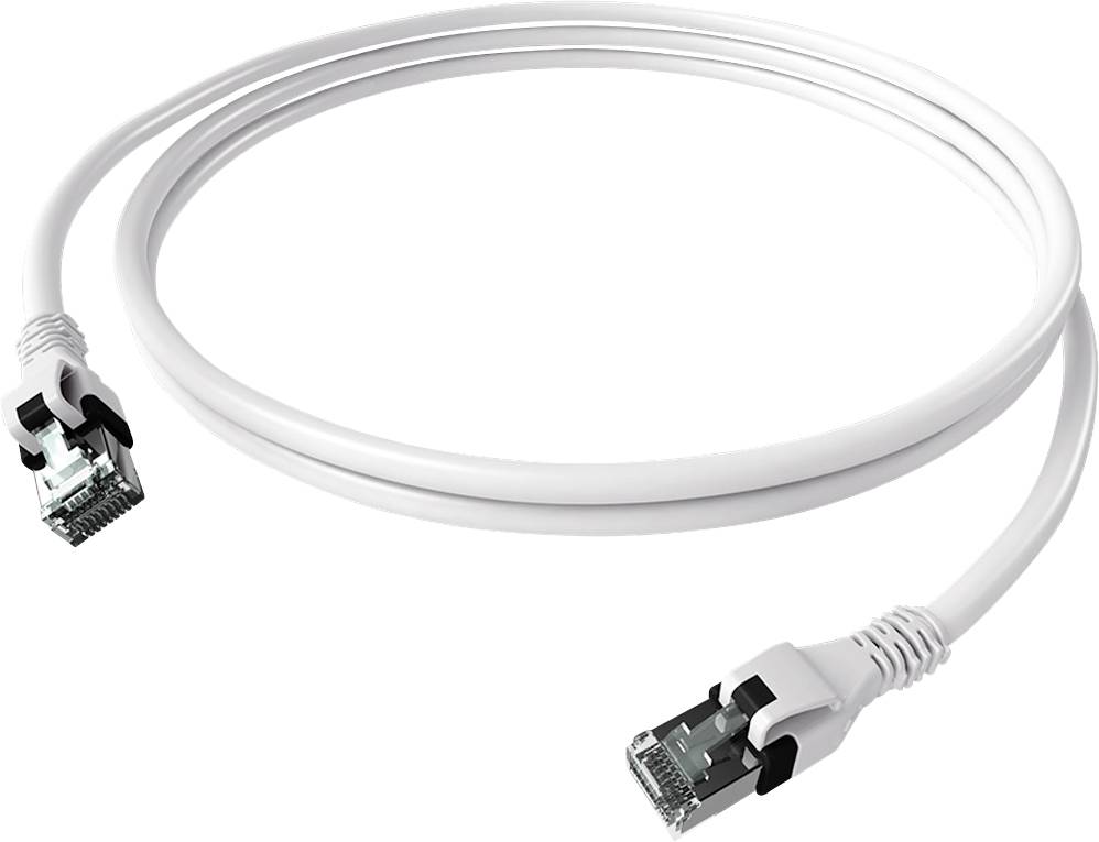 Ein weißes Netzwerkkabel mit zwei RJ45-Steckern, geeignet für Ethernet-Verbindungen, dargestellt auf weißem Hintergrund.